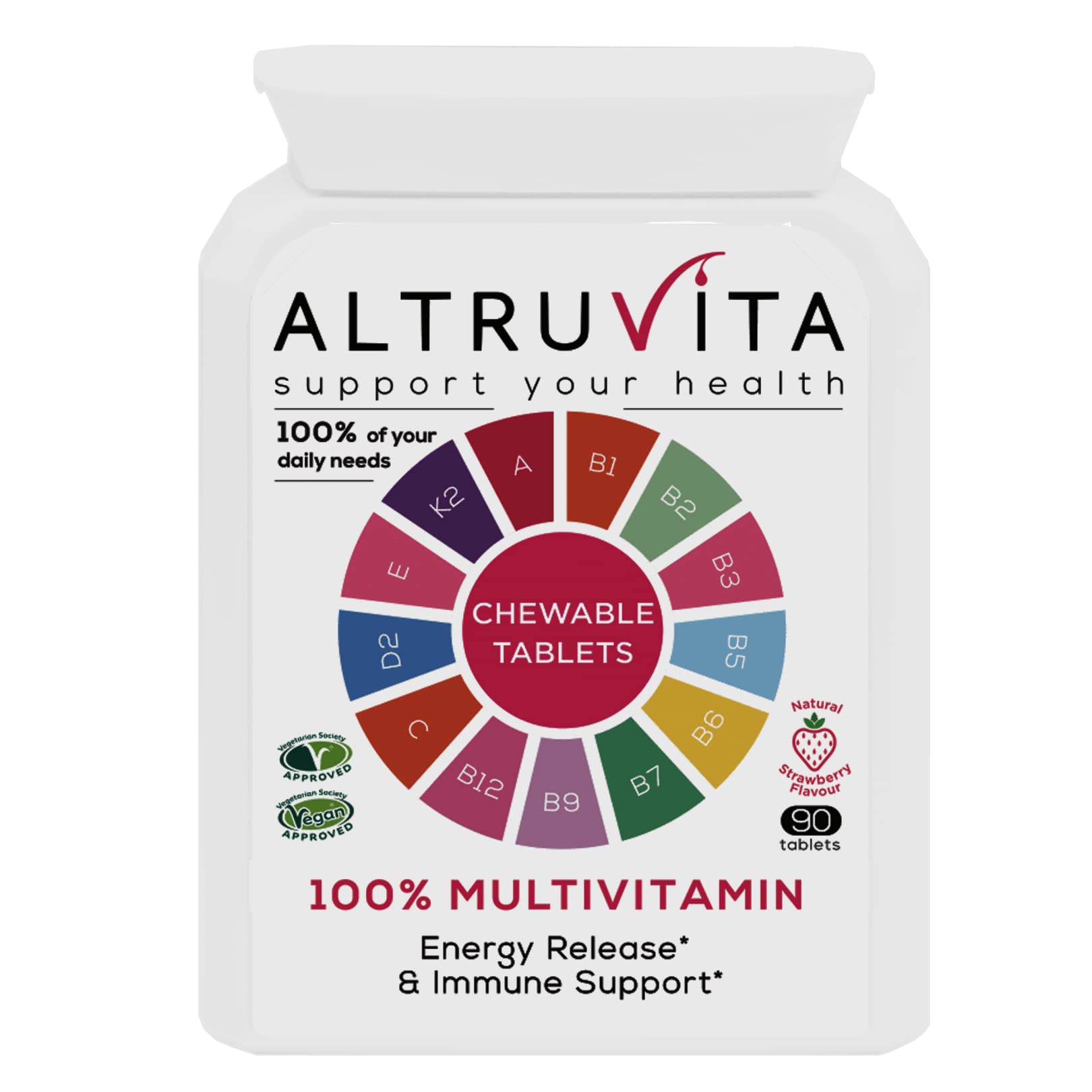 Altruvita100% Multivitamin - 100% of Your Daily Needs for Energy Release and Immune Support, Vegans and Vegetarian 90 Chewable Tablets, Vitamin A, B1, B2, B3, B5, B6, B7, B9, B12, C, D2, E & K2