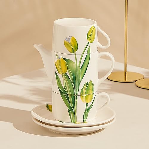 Miniatura 9 de Jimiruigro Juego de té de cerámica para dos tetera de 136 onzas con infusor hervidor apilado de dos tazas y platillo con patrón de flores pintadas a