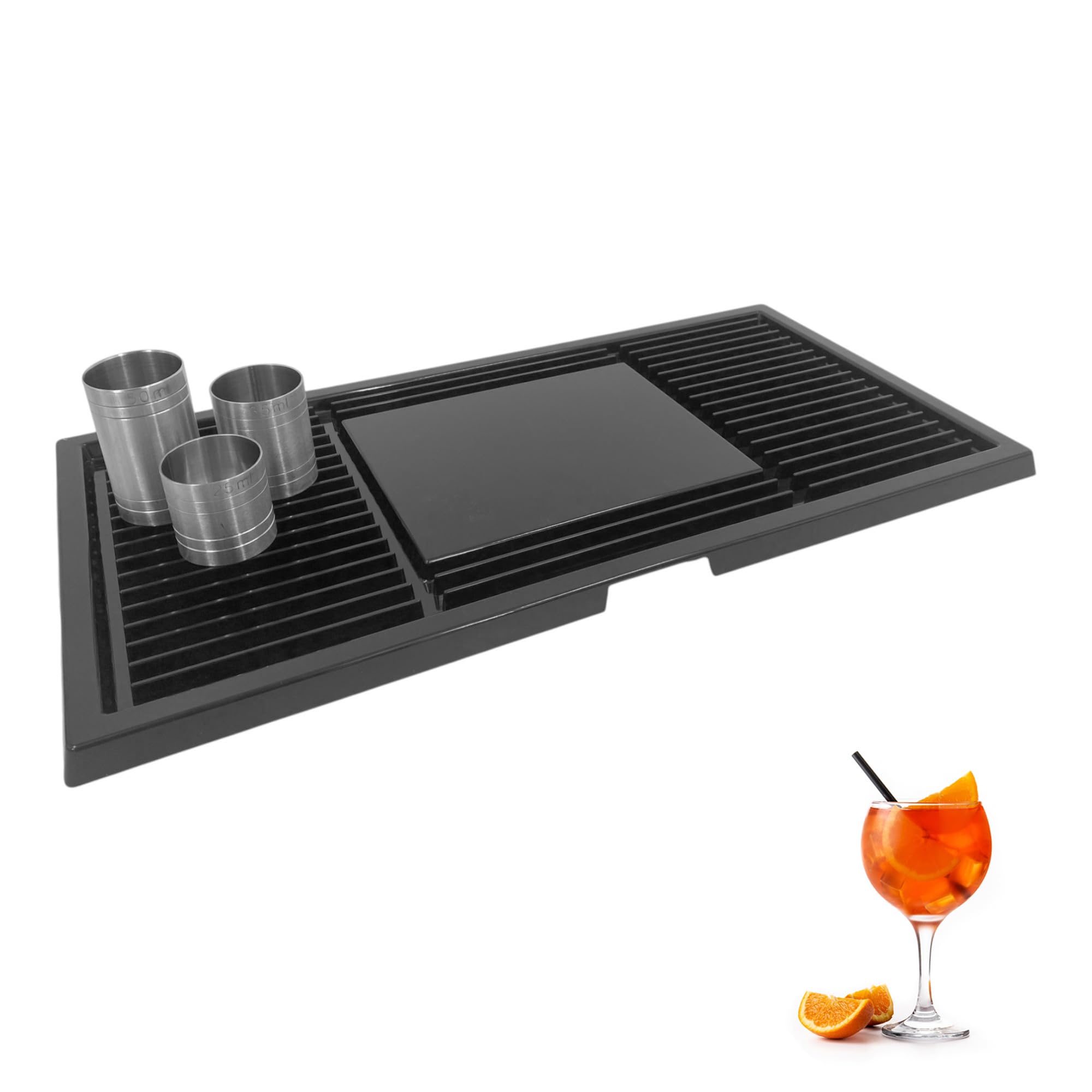 Chabrias Ltd Barware Black Ridged Hard Plastic Drip Tray & 3 Piece Thimble Set 42.5cm and Stainless Steel Thimble Measures, 50ml, 35ml, 25ml, Home Bars, Pubs & Cocktail Stations