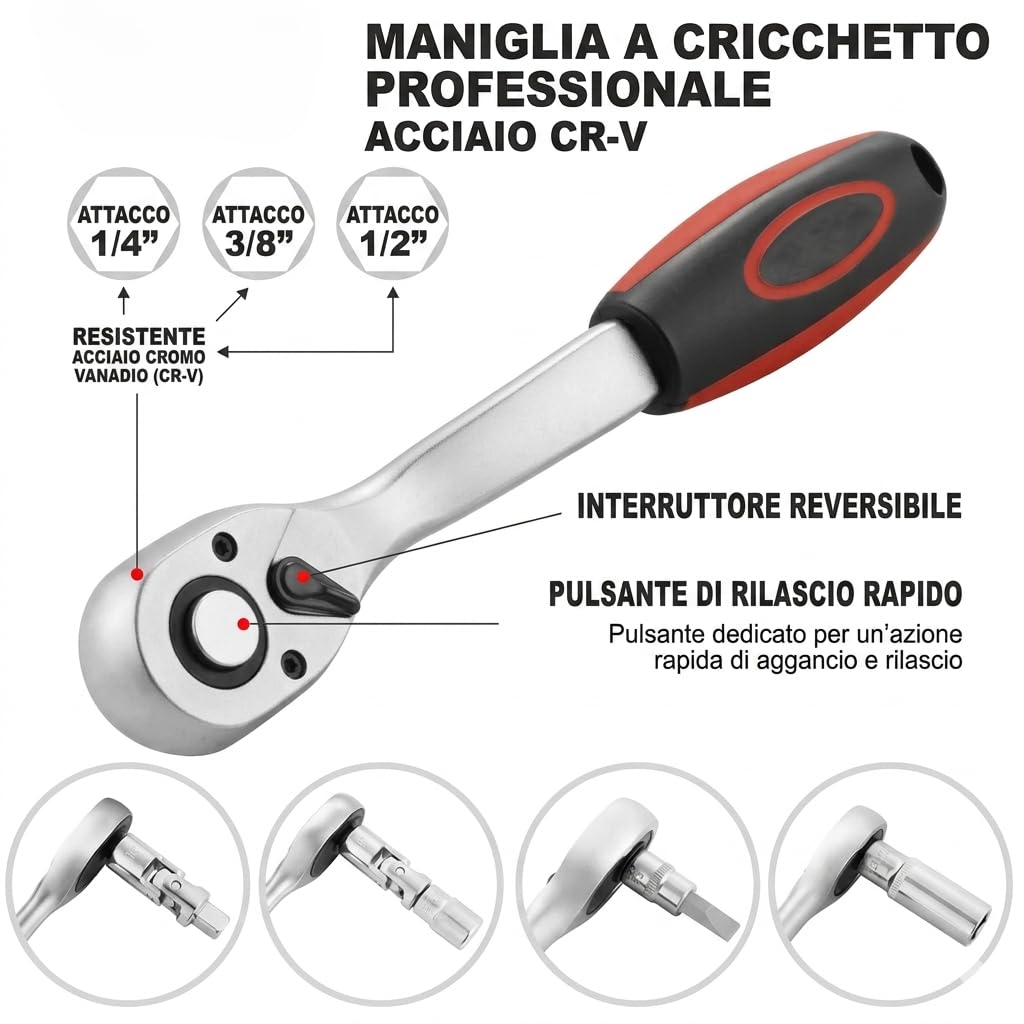 Set Chiavi a Cricchetto 216 Pezzi con Bussole e Accessori, Kit Attrezzi Completo 1/4 3/8 1/2 Pollici con Valigetta, Chiavi per Auto e Officina