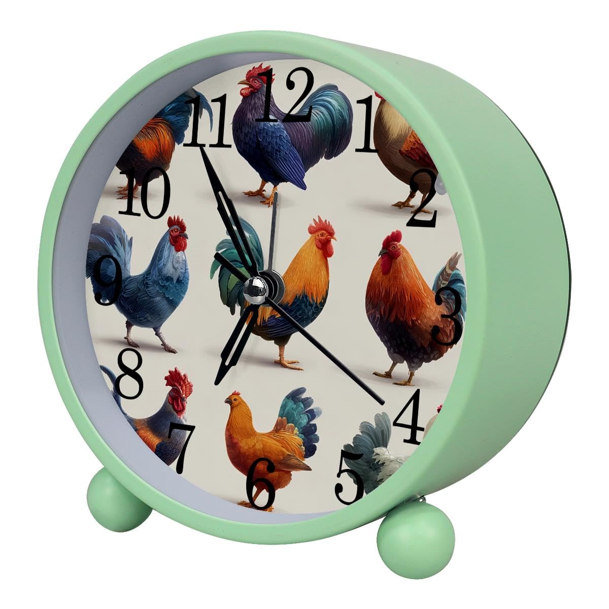 Luoweisi Alarm Clock Chicken Rooster Hen Breeds Farm, Silent Non-Ticking with Night Light, Round Metal Alarm Clock for Office, Battery Operated, Bedroom, Elderly, Adults, Children, Student Gifts
