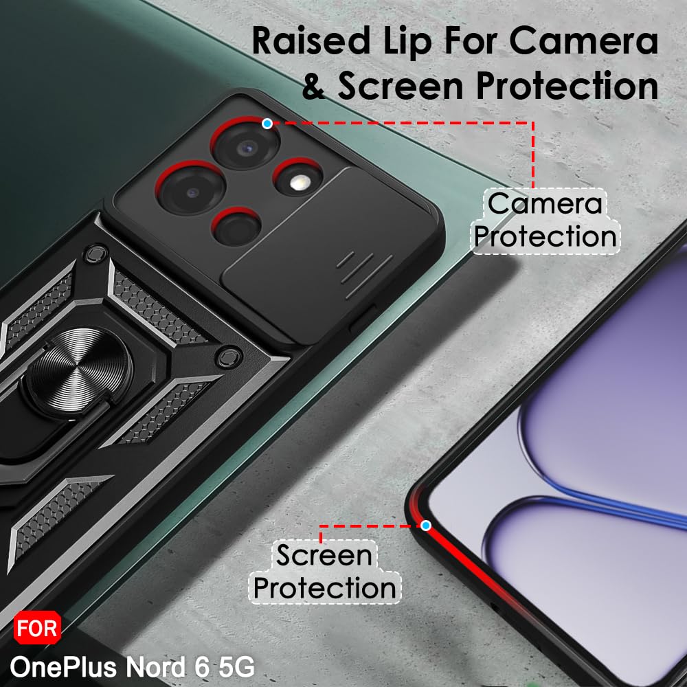 TheGiftKart Tough Armor Bumper Back Cover Case for OnePlus Nord 6 5G | Kickstand & Ring Holder | 360 Degree Protection Back Cover Case for OnePlus Nord 6 5G (PC & TPU, Sliding Camera Cover, Black) — Amazon image 3