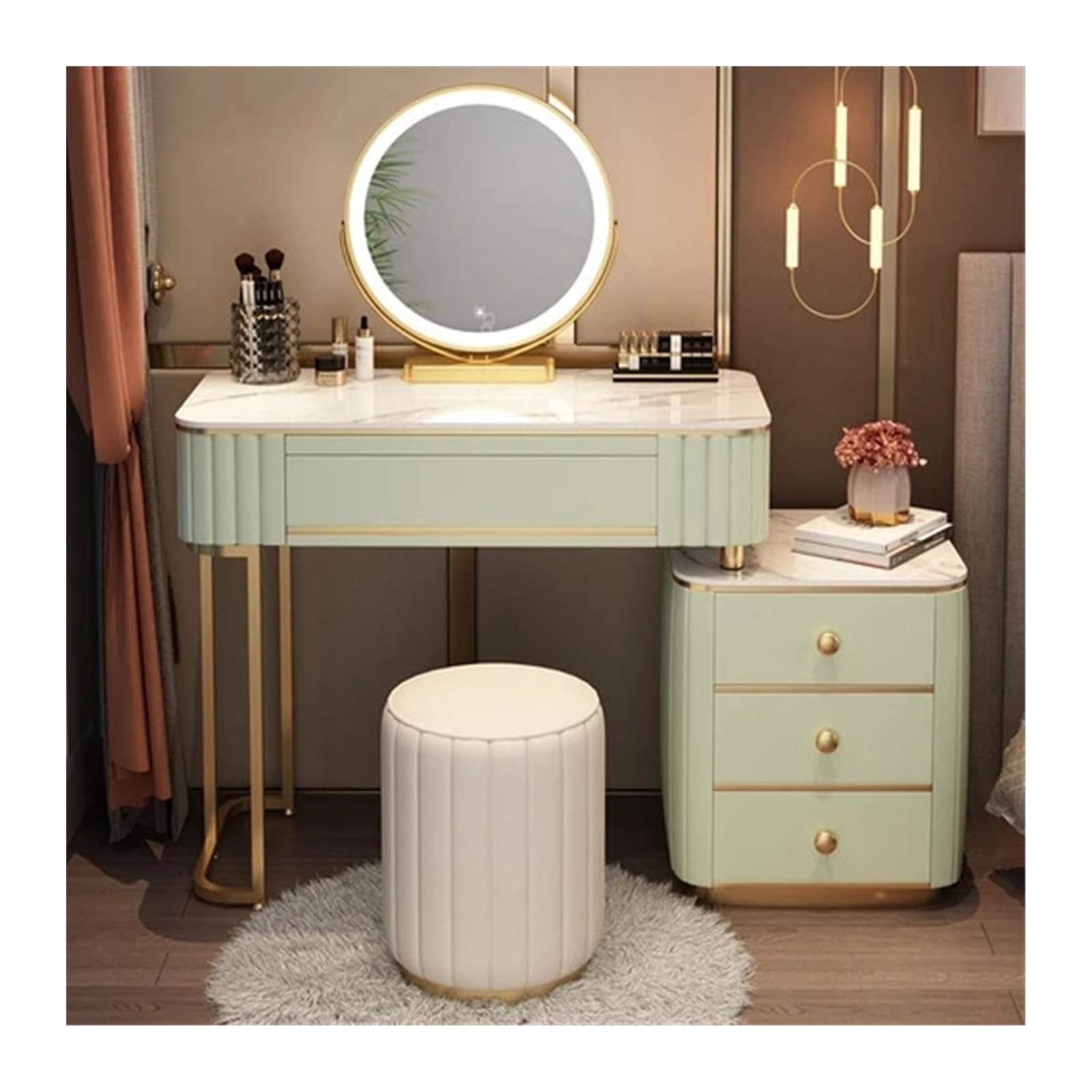 CGCSYZ Vanity Desk Luxury Dressing Table with Mirror Cushioned Stool Bedroom Dressing Table with Drawer Storage Bedroom Furniture Makeup Dressing Table (Green L100cm)