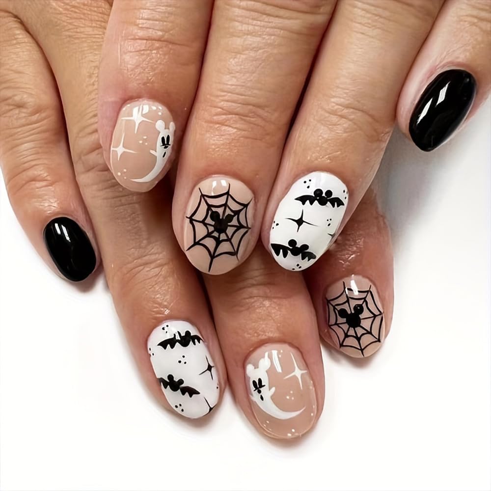 Halloween Short Oval Fake Nails: Black and Nude False Nails, Glossy Bat Ghost Spider Web Designs, Glue on, Full Cover Stick On Nails - 24pcs