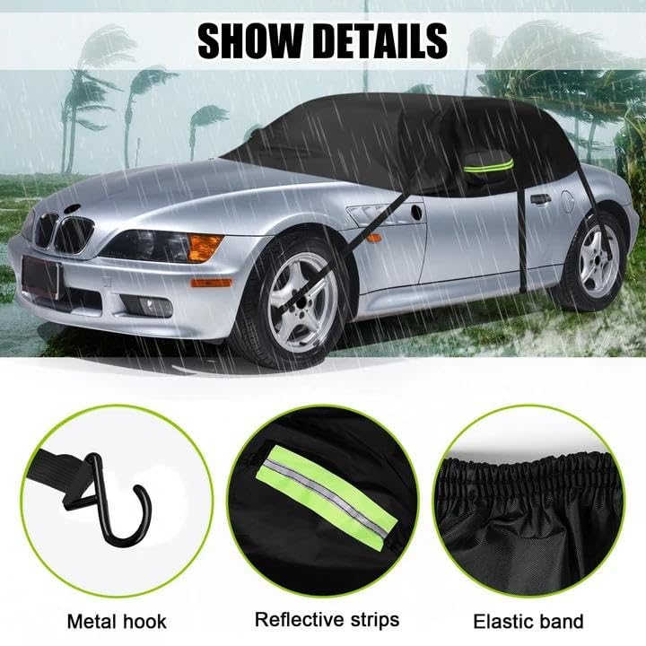Image of Black Half Car Cover for 1996-2002 BMW Z3 Roadster | Custom Fit for Z3 Soft Top, Weatherproof Sun Protection, Reflective Strips