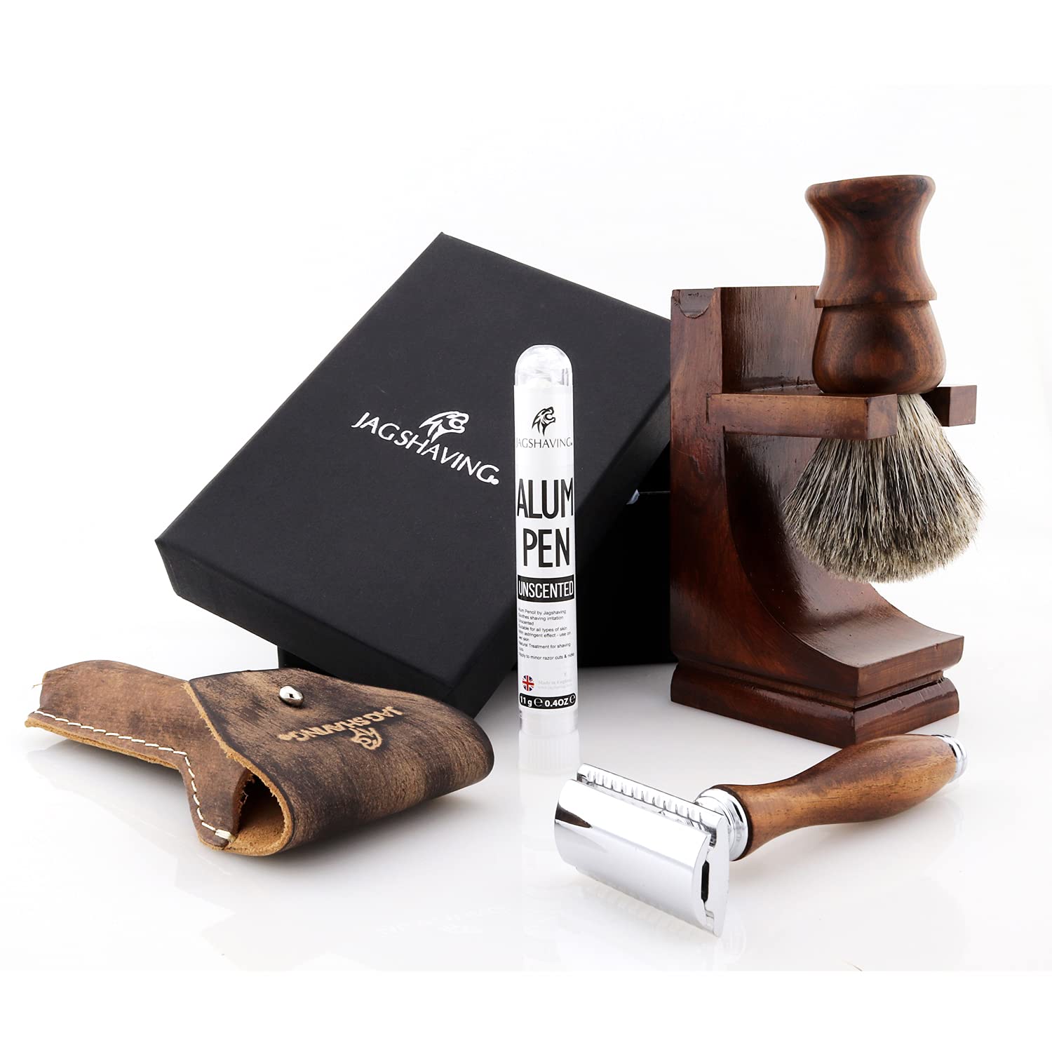 Jag Shaving - Juego de afeitado de madera sostenible de 4 piezas - Brocha de afeitar de pelo de tejón - Cuchillas de afeitar de doble filo - Soporte, bolsa, barra de alumbre