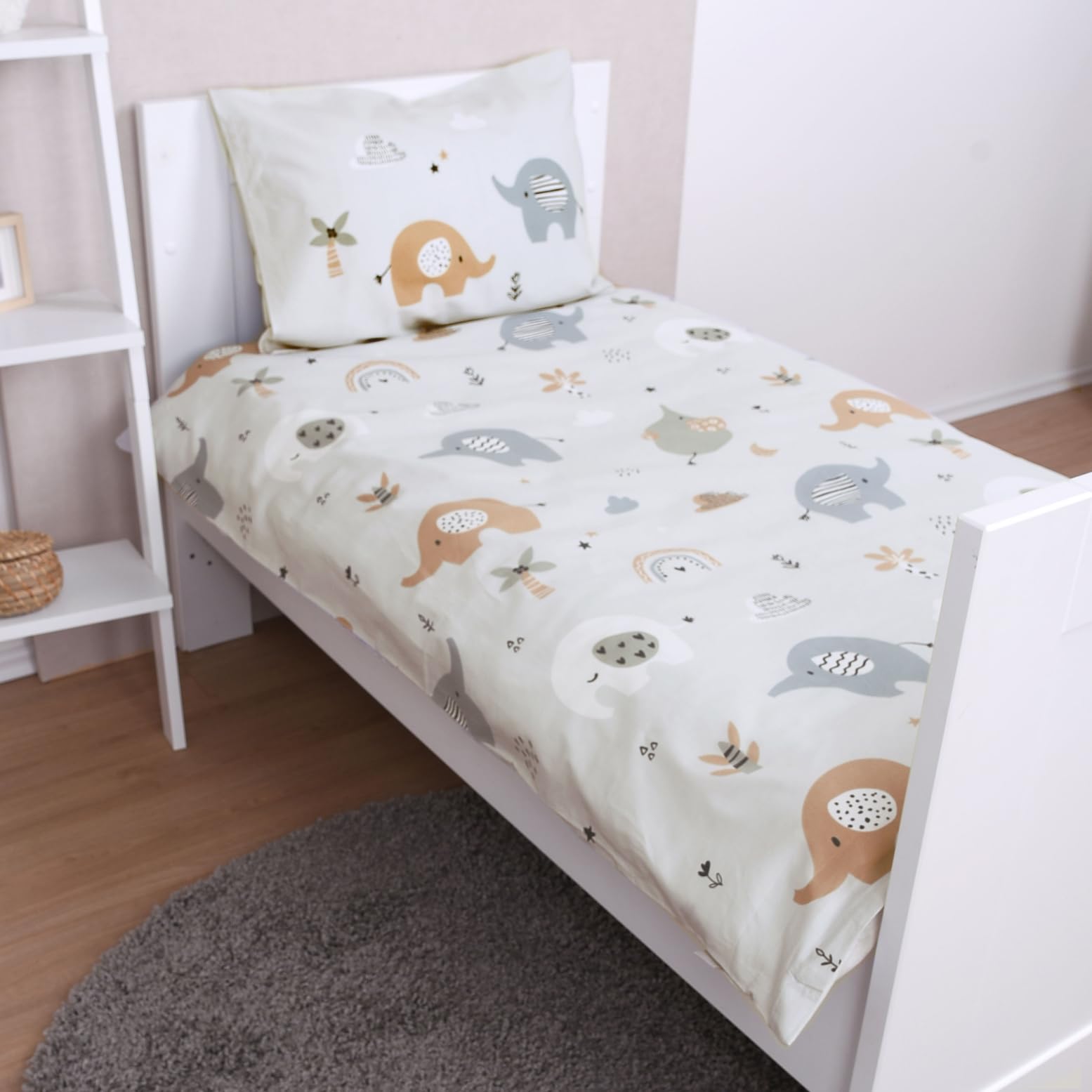 Herding babybest Parure de Lit Éléphants, Taie d'Oreiller 40 x 60 cm avec motif réversible, Housse de Couette 100 x 135 cm, avec Fermeture éclair, 100% Coton/Renforcé