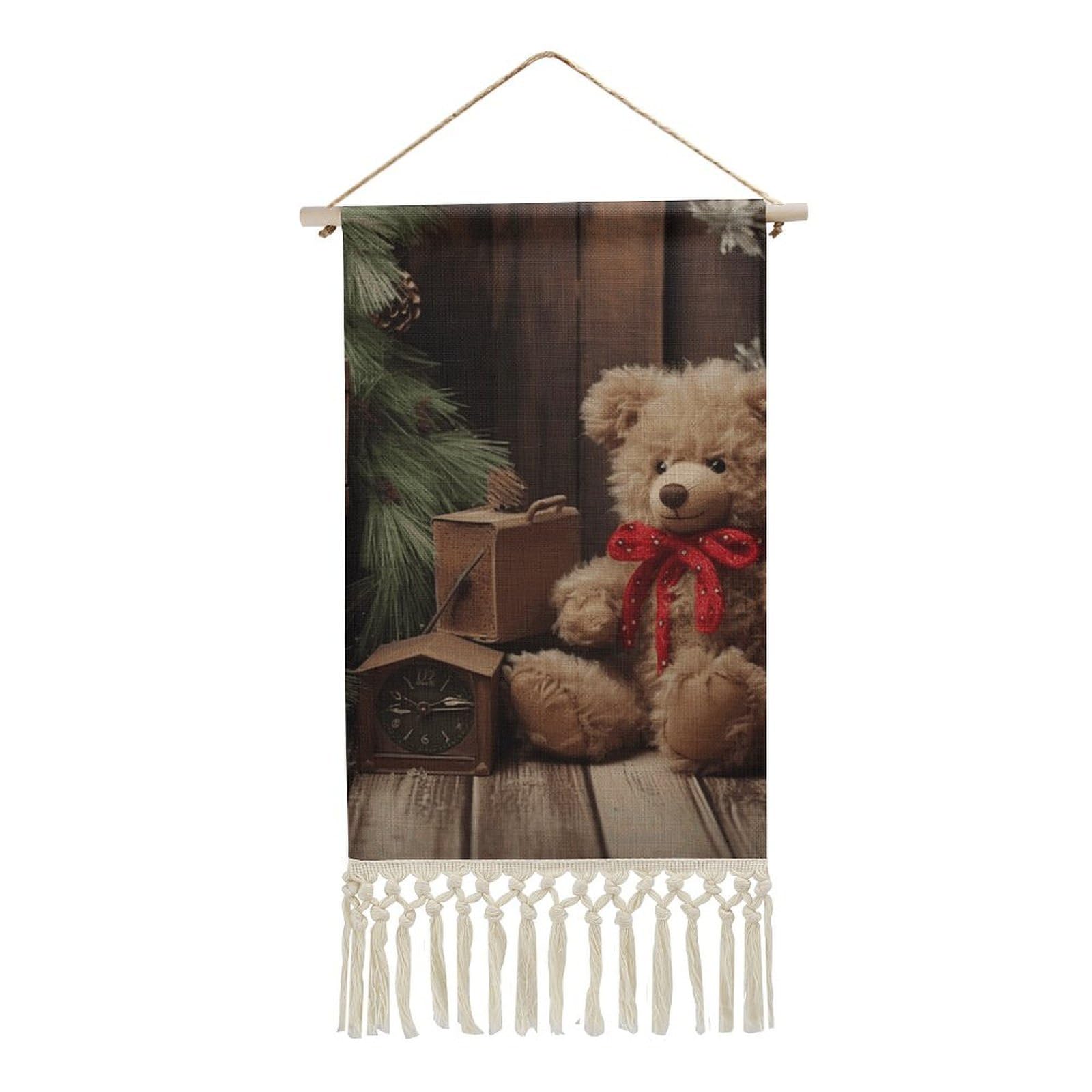 BTCOWZRV Cotton And Linen Hanging Poster with Tassels, Xmas Tree Branch Bear Doll Wall Hanging Tapestry Vintage Wall Art Painting Modern Artwork Decoration for Home Decor Ready to Hang 10x19.6 in
