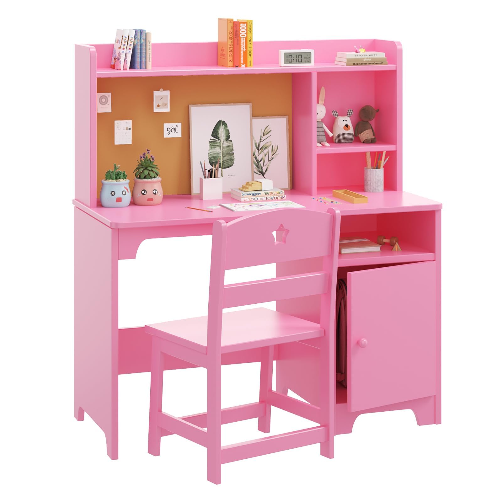 Escritorio Infantil de Madera para Estudiantes con Silla, Mesa Niños Infantil con Estanterías Abiertas y Armarios con Puertas, Mesa de Aprendizaje Infantil Multifuncional para Dormitorio o Estudio