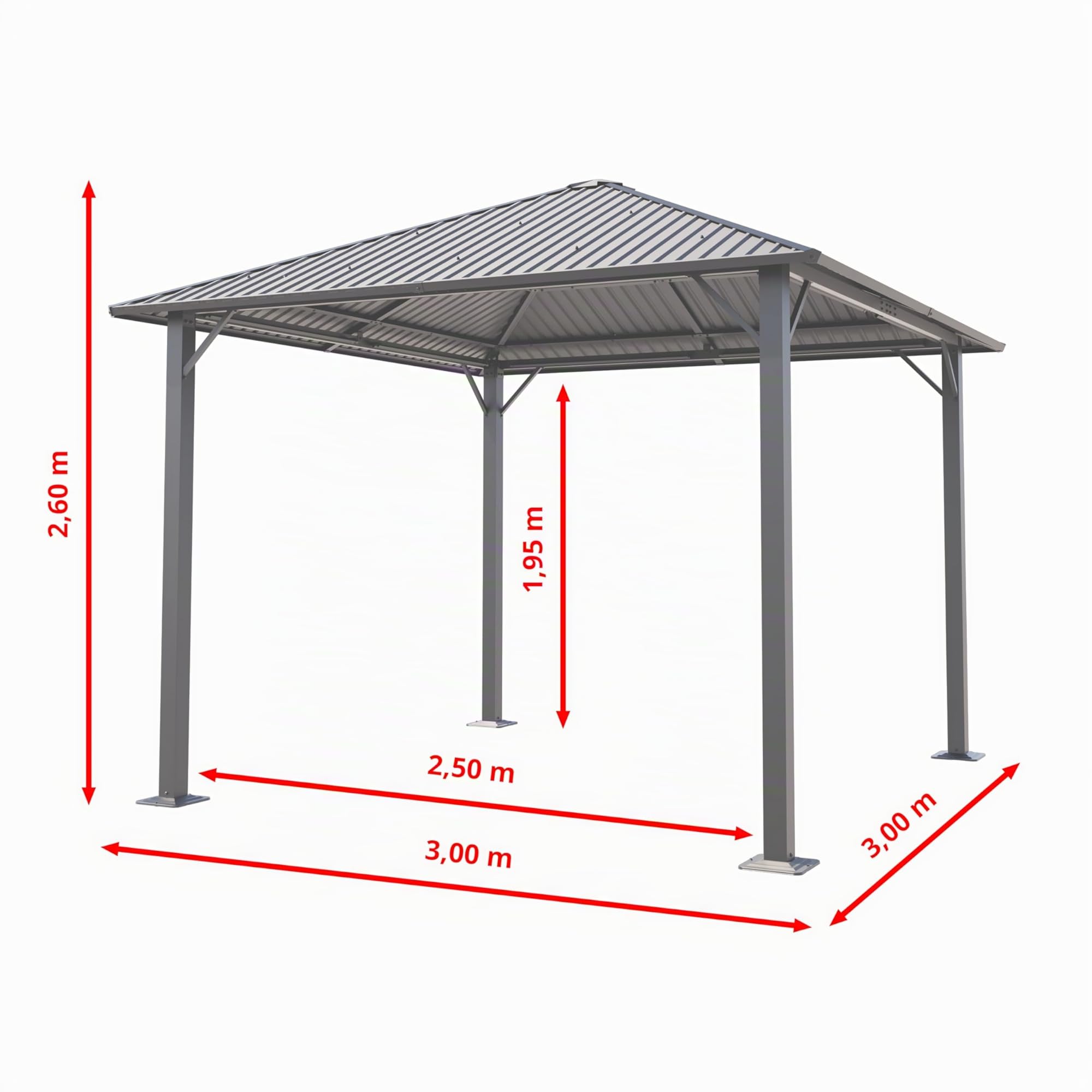 TOOLPORT Gazebo da Giardino 3x3 m Tetto Hardtop in Acciaio con Teli Laterali e Zanzariere in Grigio