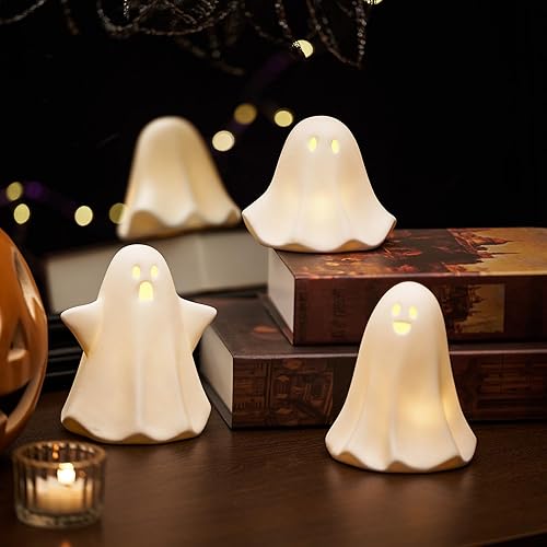 Fantasma iluminado para decoración de Halloween, 5 pulgadas, bonitas decoraciones de Halloween para interiores, 3 piezas de fantasmas de cerámica