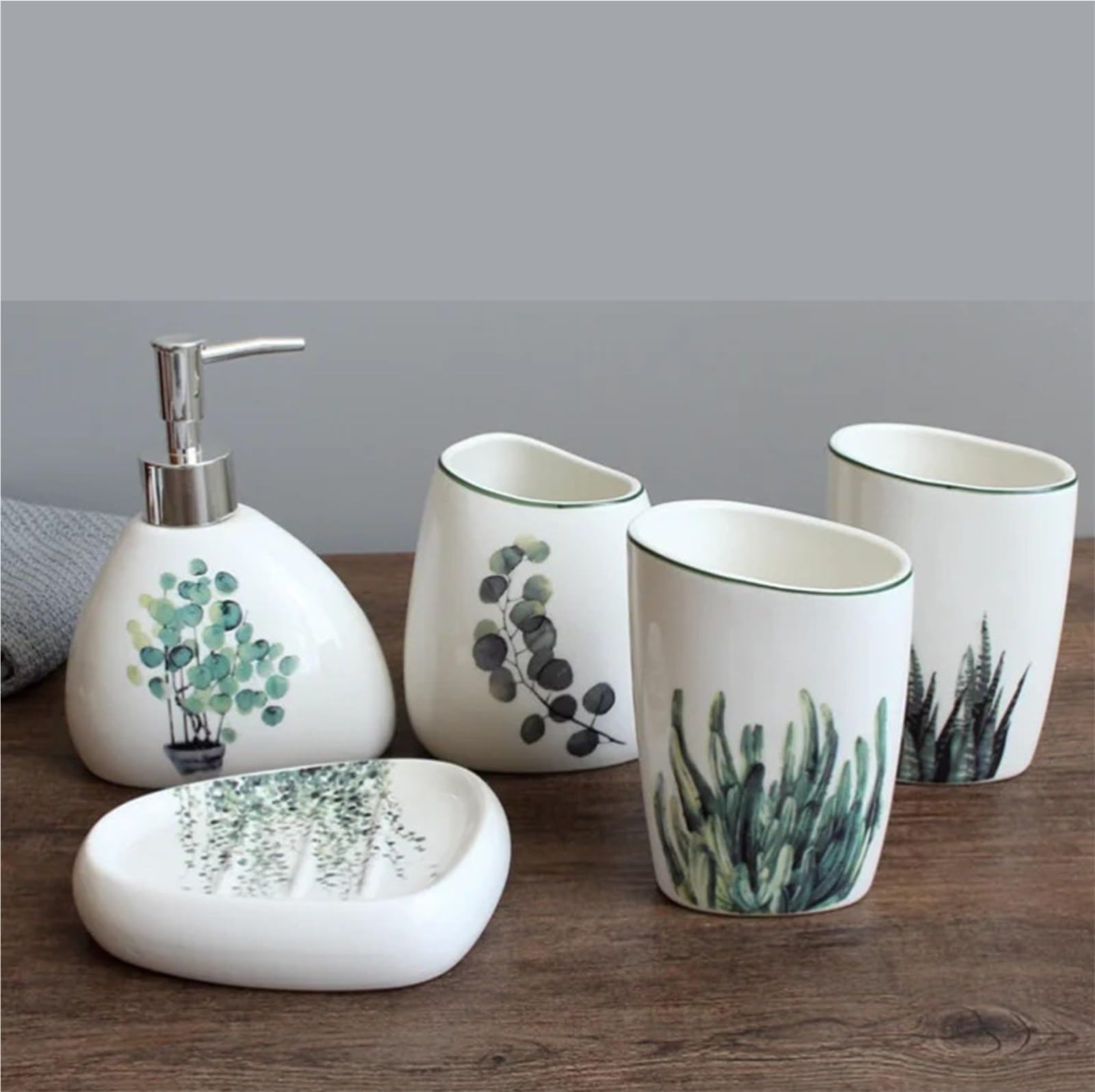 Set di accessori da bagno in ceramica nordica con piante verdi bianche(WHITE tray2)