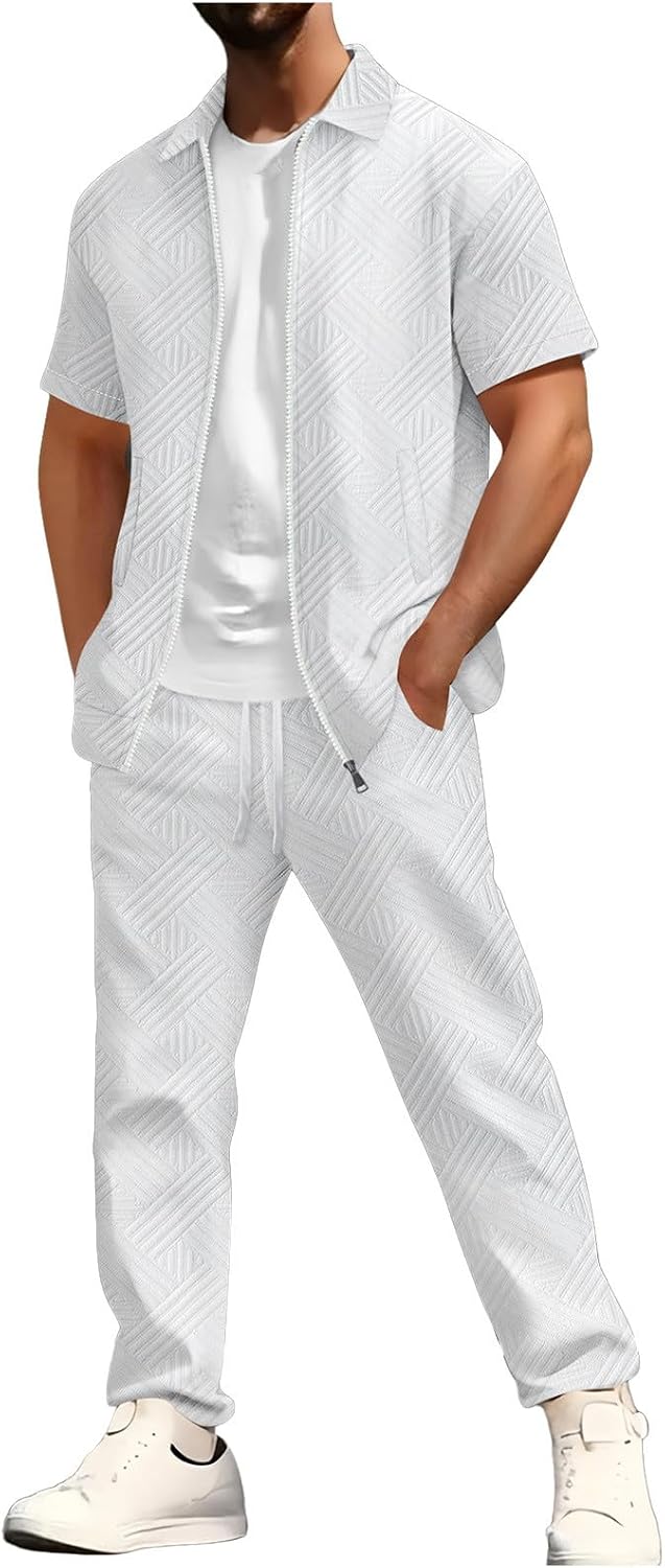 Mens Casual Outfits 2 Piece Set Short Sleeve Full Zip Up Shirts and Pants Tracksuits Matching Sets Casual Stylish 2026