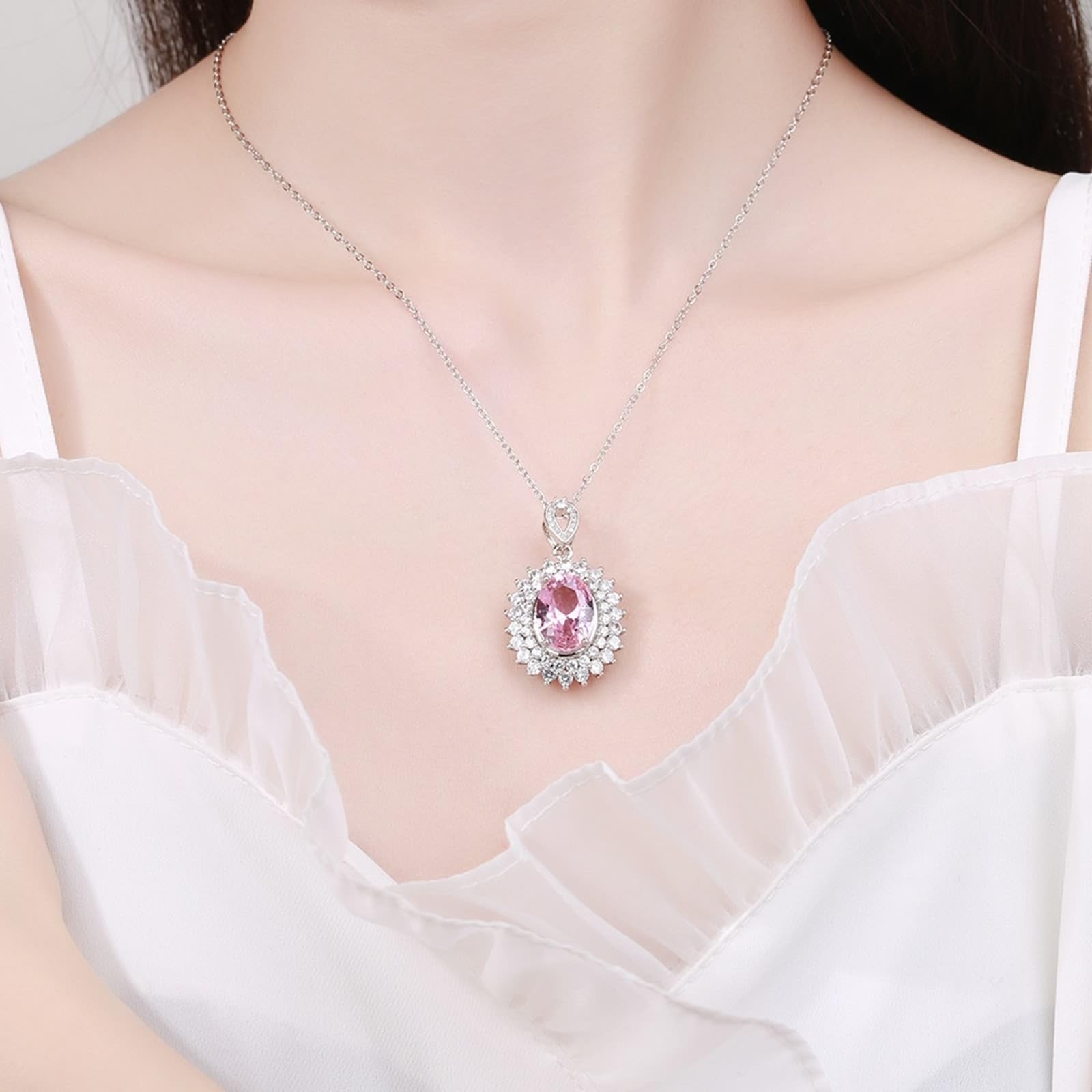 Collar de cadena de oro blanco de 18 quilates para mujer, gargantilla delicada con flor de lujo con topacio rosa ovalado y diamante de laboratorio para mujer, oro blanco