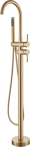 YAGATAP Grifo de bañera independiente para montaje en el suelo, grifo de ducha de alto flujo dorado cepillado con mezclador de ducha de mano,