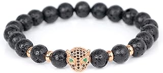 JINGGEGE Jengijo Estilo Europeo 8mm Lava Stone Beads Beads Bracelets CZ Beads Leopard Head Charm Pulsera para Hombres Joyería (Metal Color : Rose Gold)