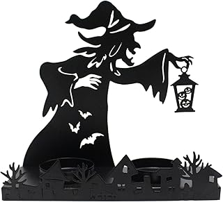 Witch Candle Stick Holder – Gothic Tea Light Stand, Shadow Casting Lantern, Gothic Metal Figurine with Scary Witch Silhouette | Festive Accent Ornament for Halloween Party Eventss Holiday Christmas