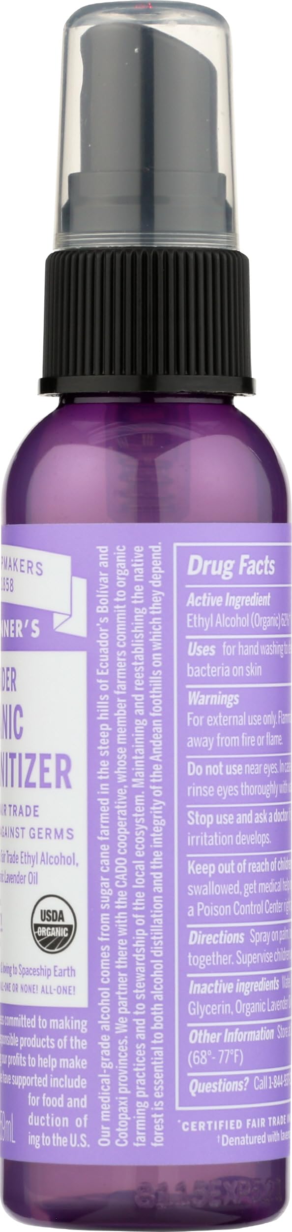 Dr. Bronner's Spray Detergente Mani Bio senz'acqua, Lavanda, 60 ml