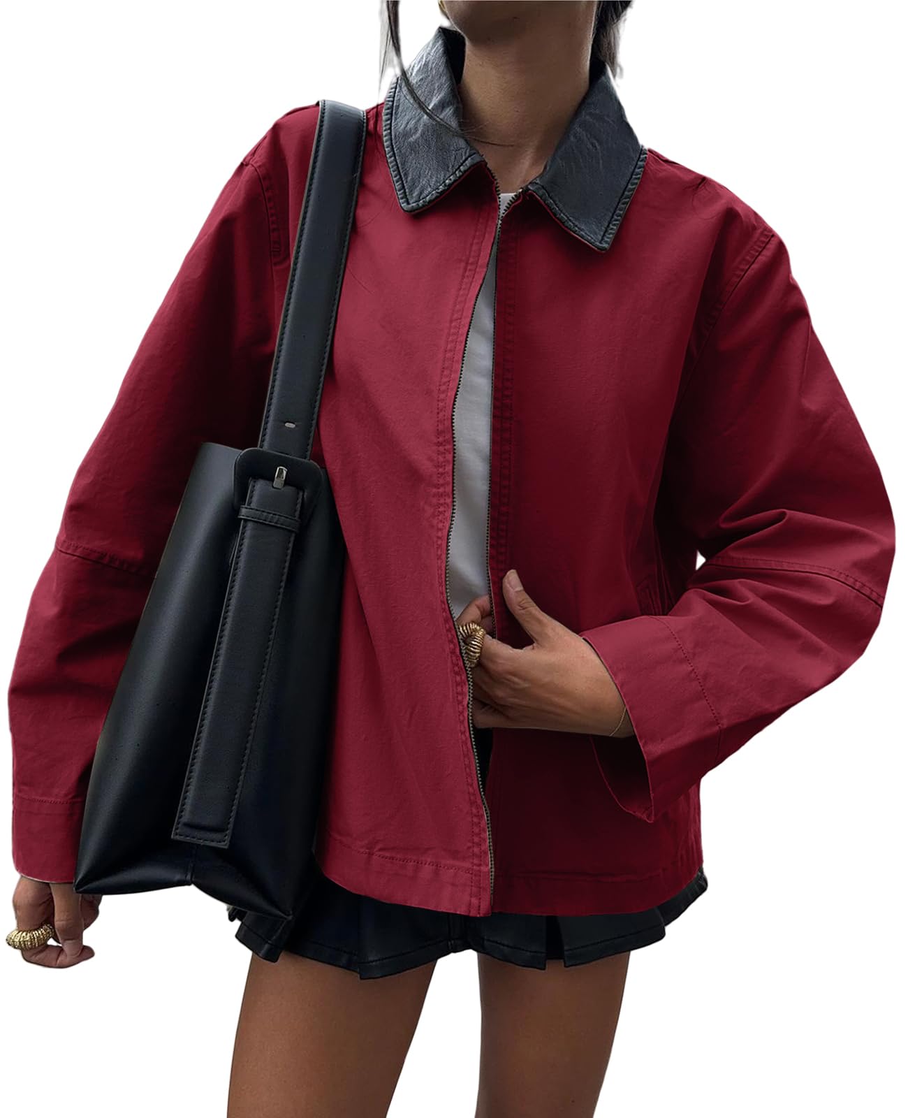 TITOMD Womens Barn Jackets Oversized Lightweight Outerwear Collar Zip Up Coats Outfits Spring Trendy Clothes