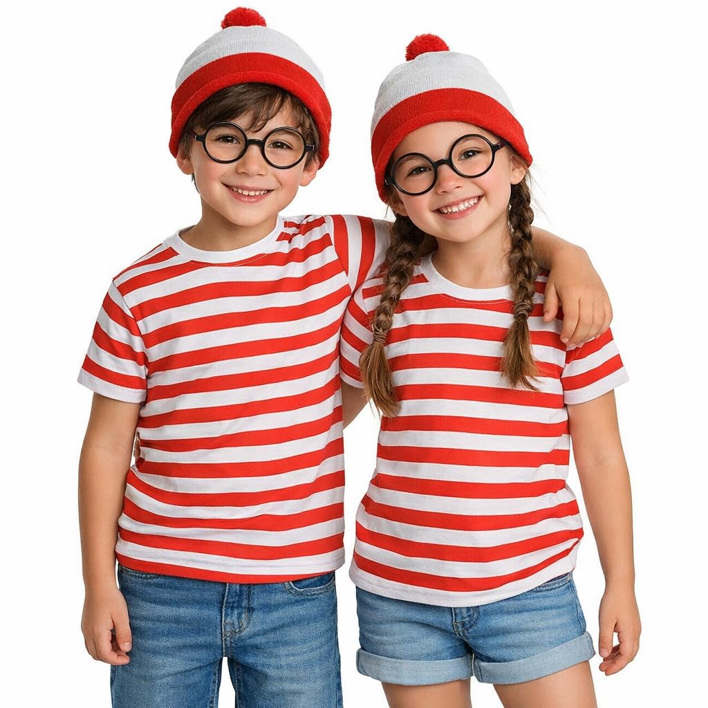 FAIRY BOUTIQUE® Kids Red and White T-Shirt Hat Glasses Set, Boys Girls Book Week Dress Party Costume Age 5-13 Years (Red White 3pcs Set, 5-6 Years)