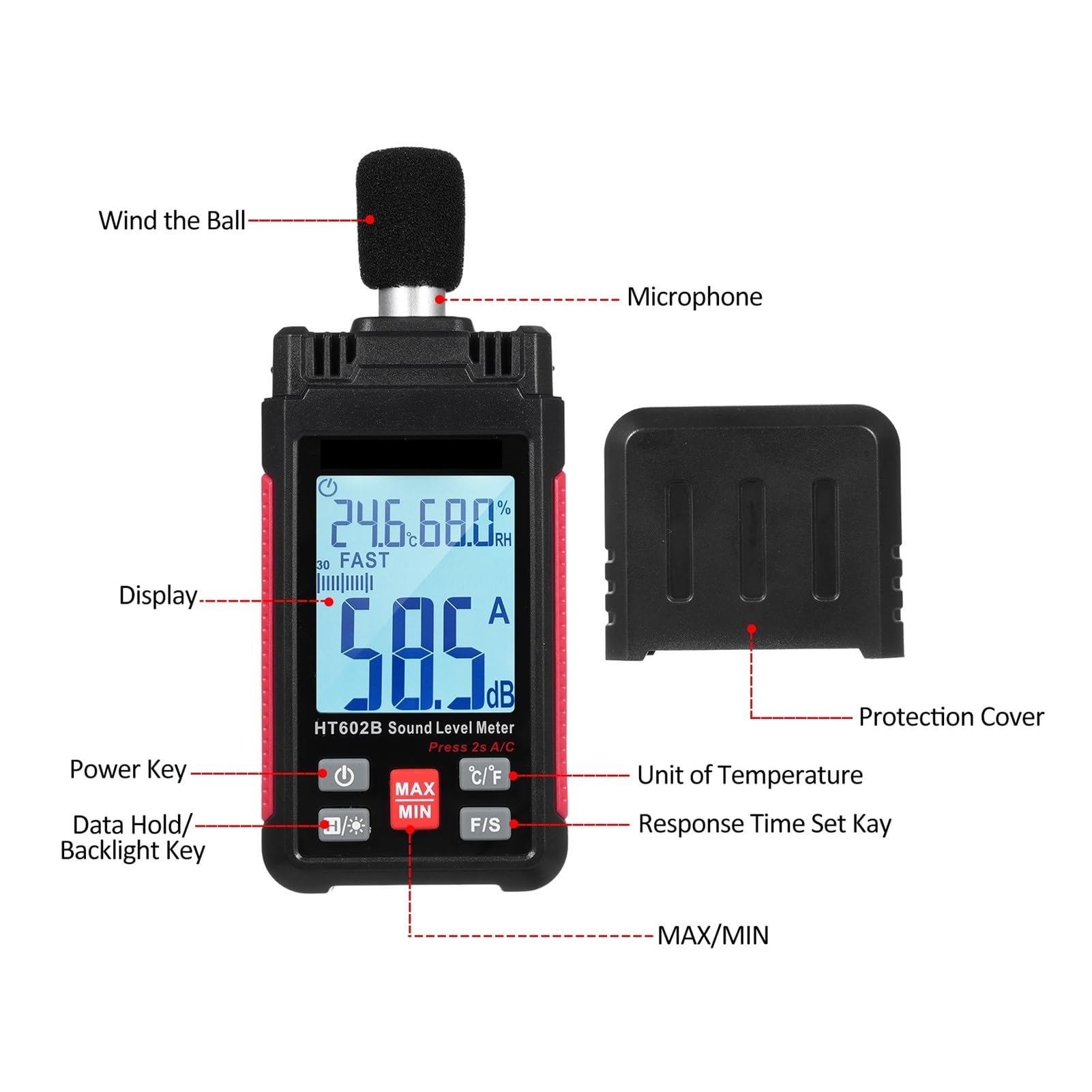 Fonometro Digitale Fonometro Decibel Misuratore SPL Portatile di Rumore 30-130 Db con misurazione 'umidità a Temperatura Tester del Livello di Rumore Decibel