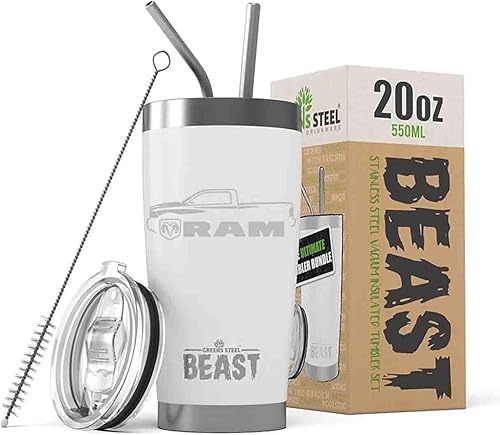 2009-16 Ram Pickup Truck Beast Vaso aislado de acero inoxidable de 20 onzas con tapa, 2 pajillas, cepillo y caja de regalo, color blanco