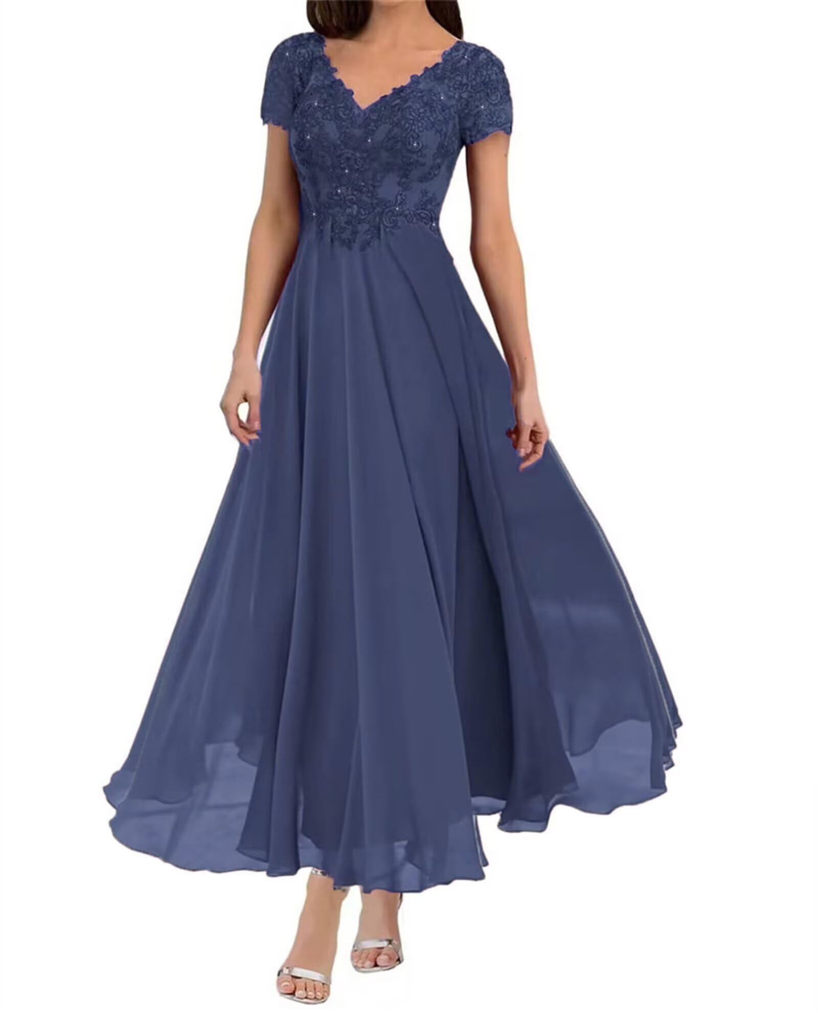 Brautmutterkleider aus Chiffon mit Spitze, Ärmeln und Teelänge, formelles Abendkleid für Damen zur Hochzeit