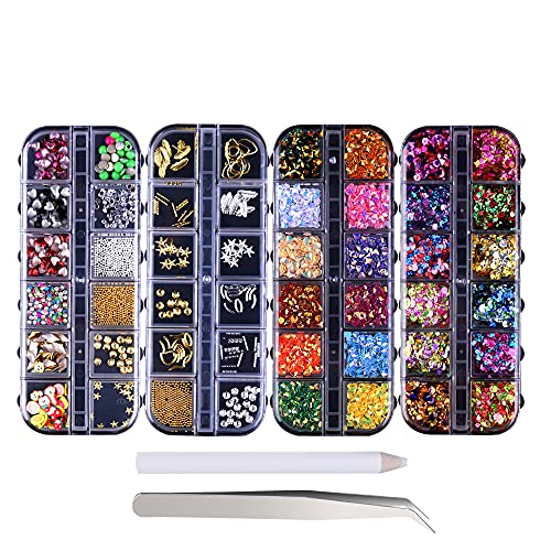 Nagel Pailletten Nail Art Supplies, 4 Boxen Nagel Kunst Strasssteine Kristalle Diamant Nagel Perlen Nails Strass Sticker…