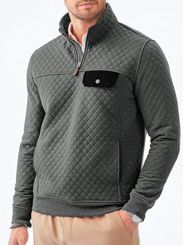 Men's Quarter Zip Pullover Quilted Sweatshirt Casual Mock Neck Geometric Texture Polo Sweater with Pocket - Image 5