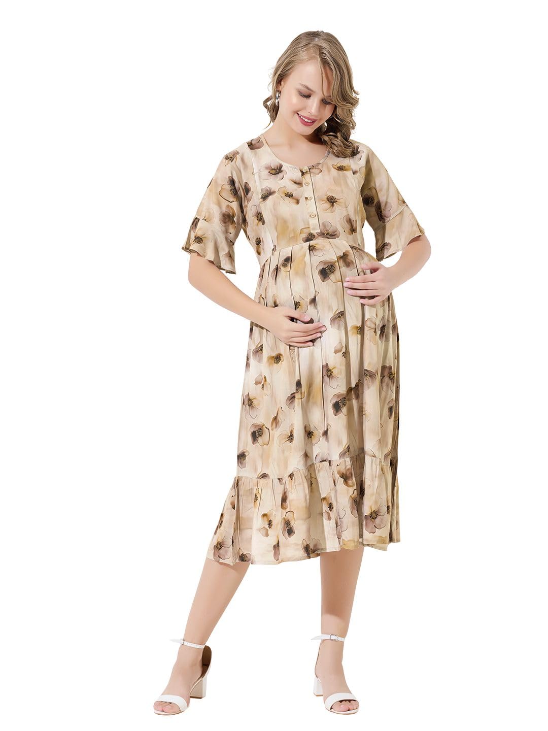 quira Knee-Length Long Maternity Dress | Comfortable & Stylish Pregnancy Dress | Soft Cotton Maternity Wear | Perfect Special Occasions-picture-39