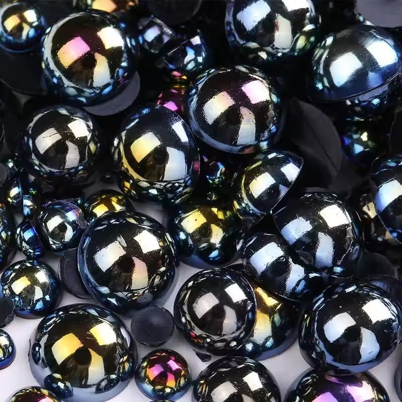 1000PCS Mixed Sizes 3/4/5/6/8/10mm Flatback Half Round Pearls Gems for Crafting, AB Color Pearl Beads Stones for Crafts Jewelry Clothes Shoes Dress Nail Art Making Embellishments (Black AB)