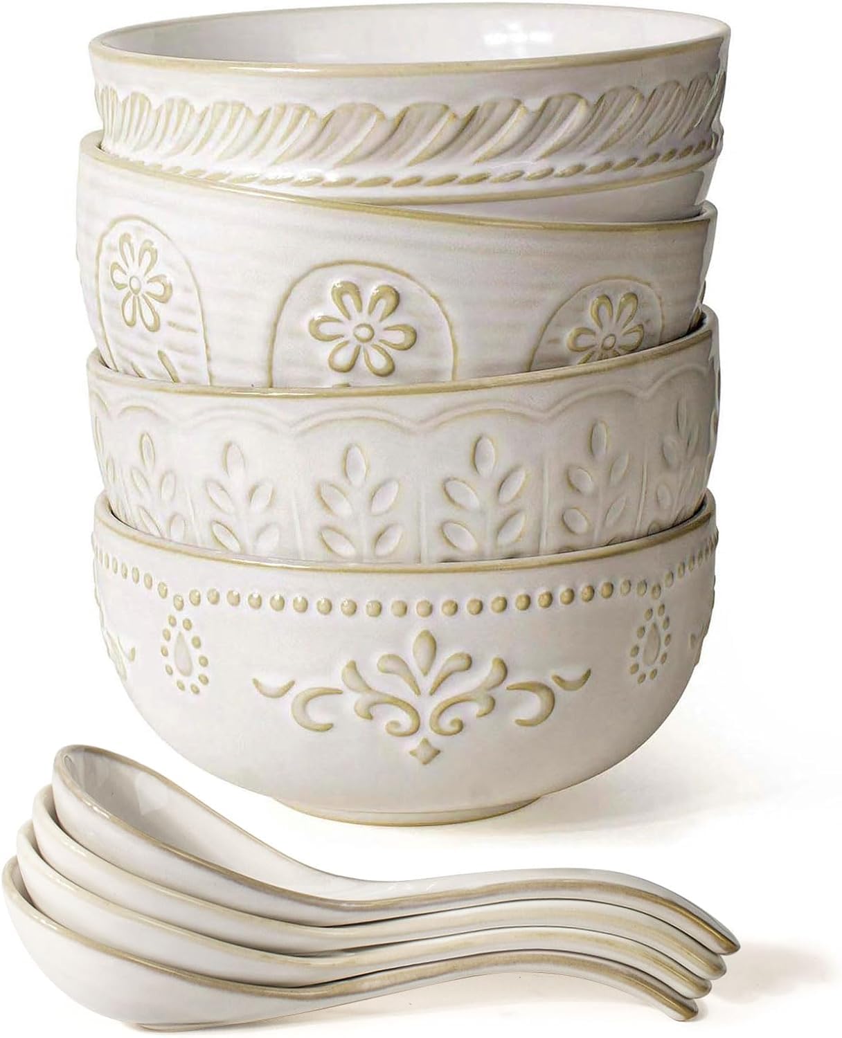 Artena Plates And Bowls Sets, 16 Pieces Dinnerware Sets, Dish Set For 4, Ceramic Kitchen Bowl And Plate Set, Cereal Bowls & Soup Spoons, Pho Bowls And Spoons Set, Embossed Ceramic Ramen Bowls