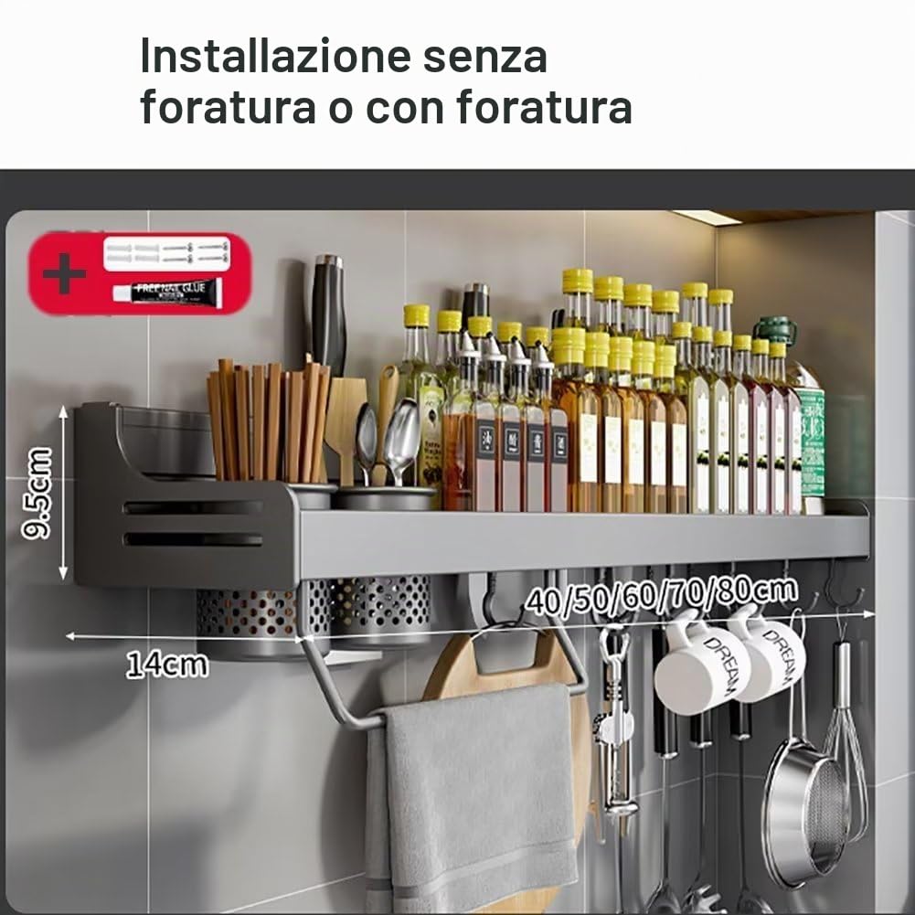 Scaffale da Parete per Spezie, Organizer Senza Forare, Scaffali da Appendere, Portaspezie da Incollare, Scaffale da Cucina a Parete in Metallo per Porta di Armadio, Cucina, Spice Rack, 80 cm