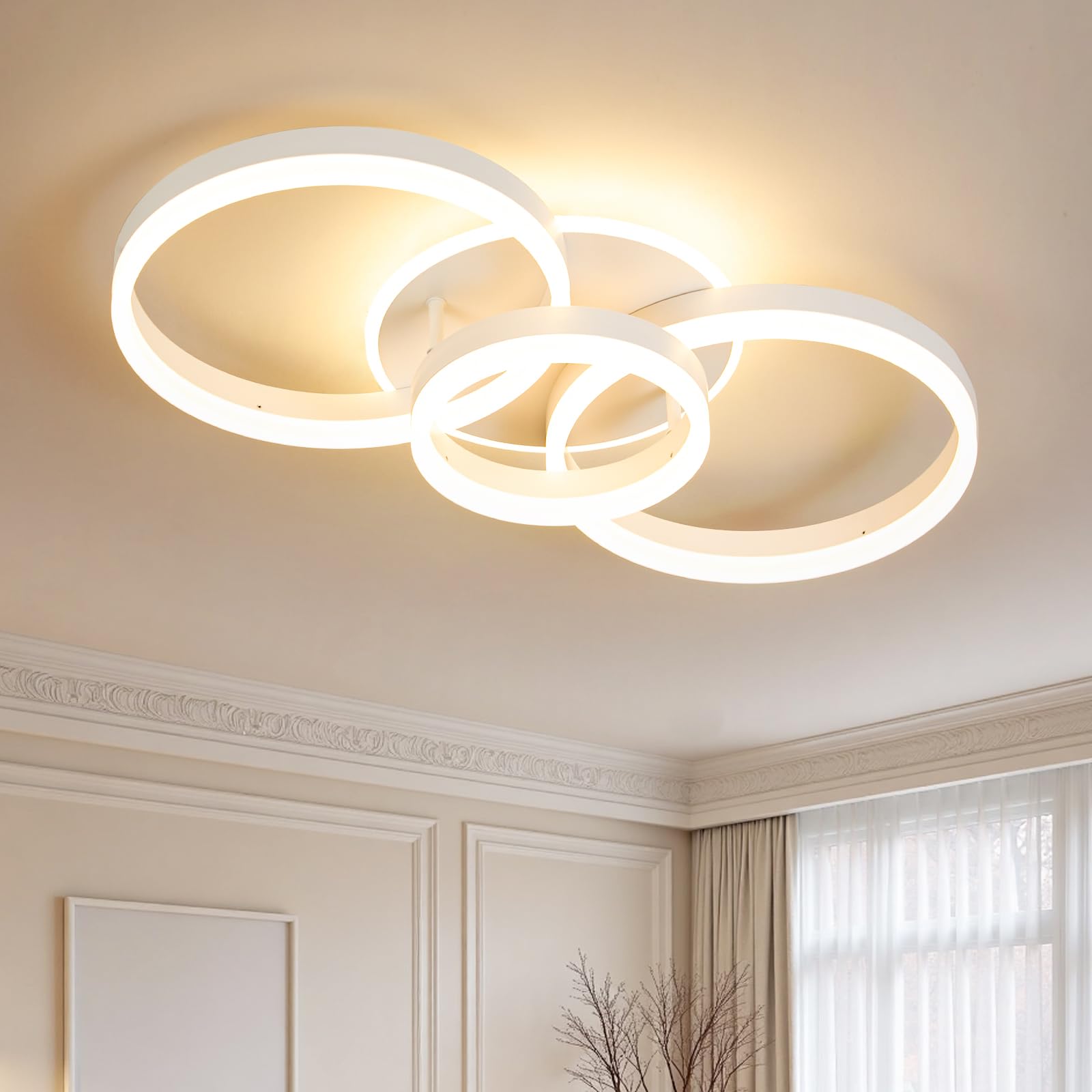 Deckenleuchte Dimmbar mit Fernbedienung 65cm | 50W Moderne 3 Ring-Design LED Deckenlampe für Wohnzimmer Schlafzimmer Küche | Nachtlicht, Memory-Funktion - Weiß
