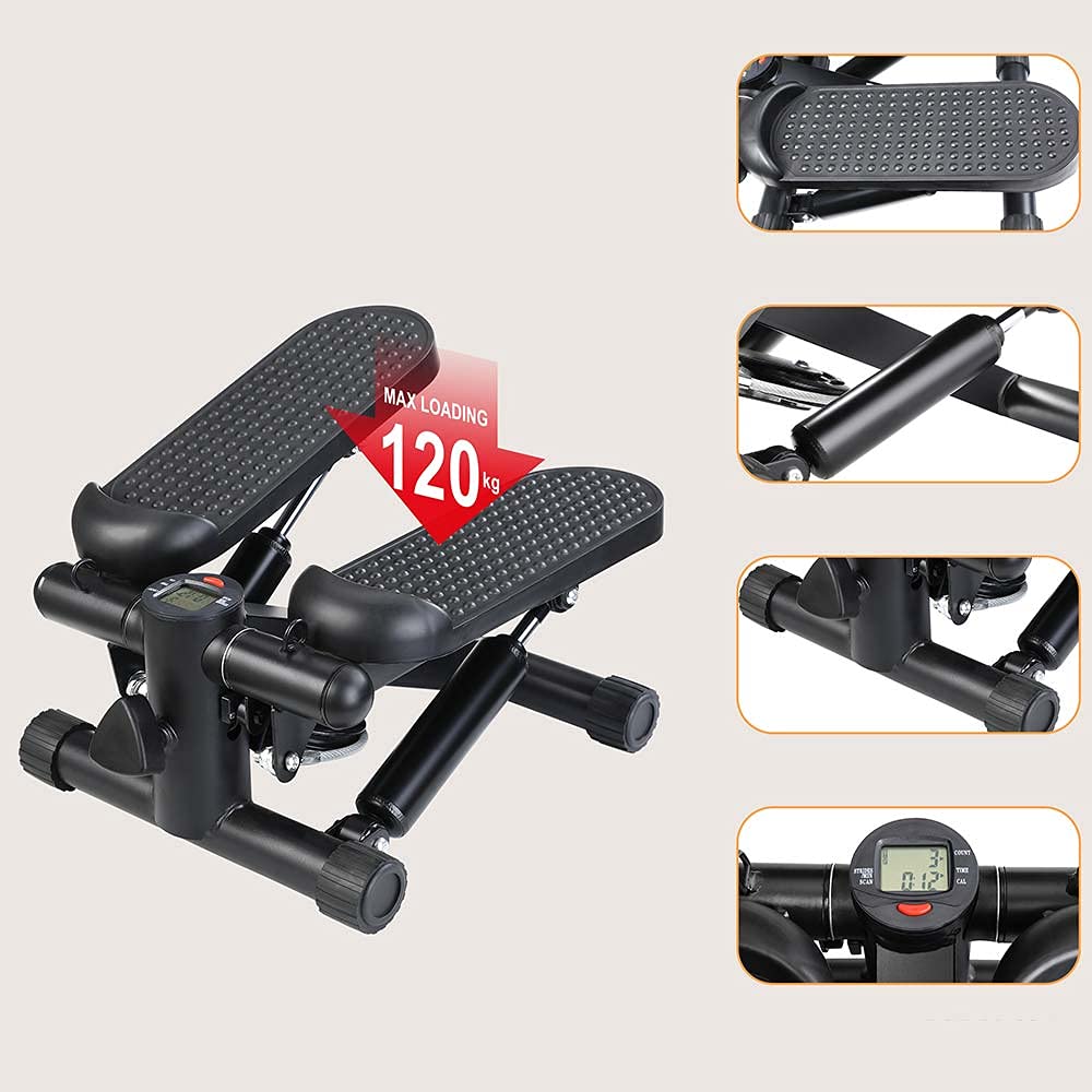 BAKAJI Stepper Allenamento Fitness Cardio Gambe Pancia Fianchi con Display LCD Calorie Tempo e Manubri Elastici Allenamneto Braccia Spalle Struttura in Acciaio Inox Pedali Antiscivolo