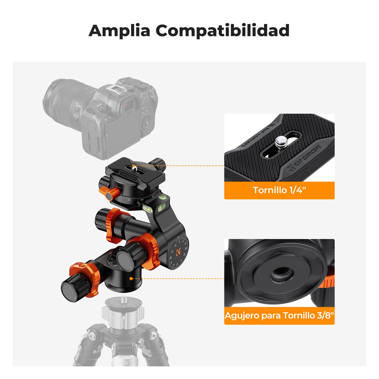 K&F CONCEPT Cabezal de Trípode con Engranaje, Cabeza Esférica Panorámica de 360° con Placa de Liberación Rápida, GD-3W Geared Tripod Head, Cabezal de 3 Vías para Trípodes Carga de 5kg