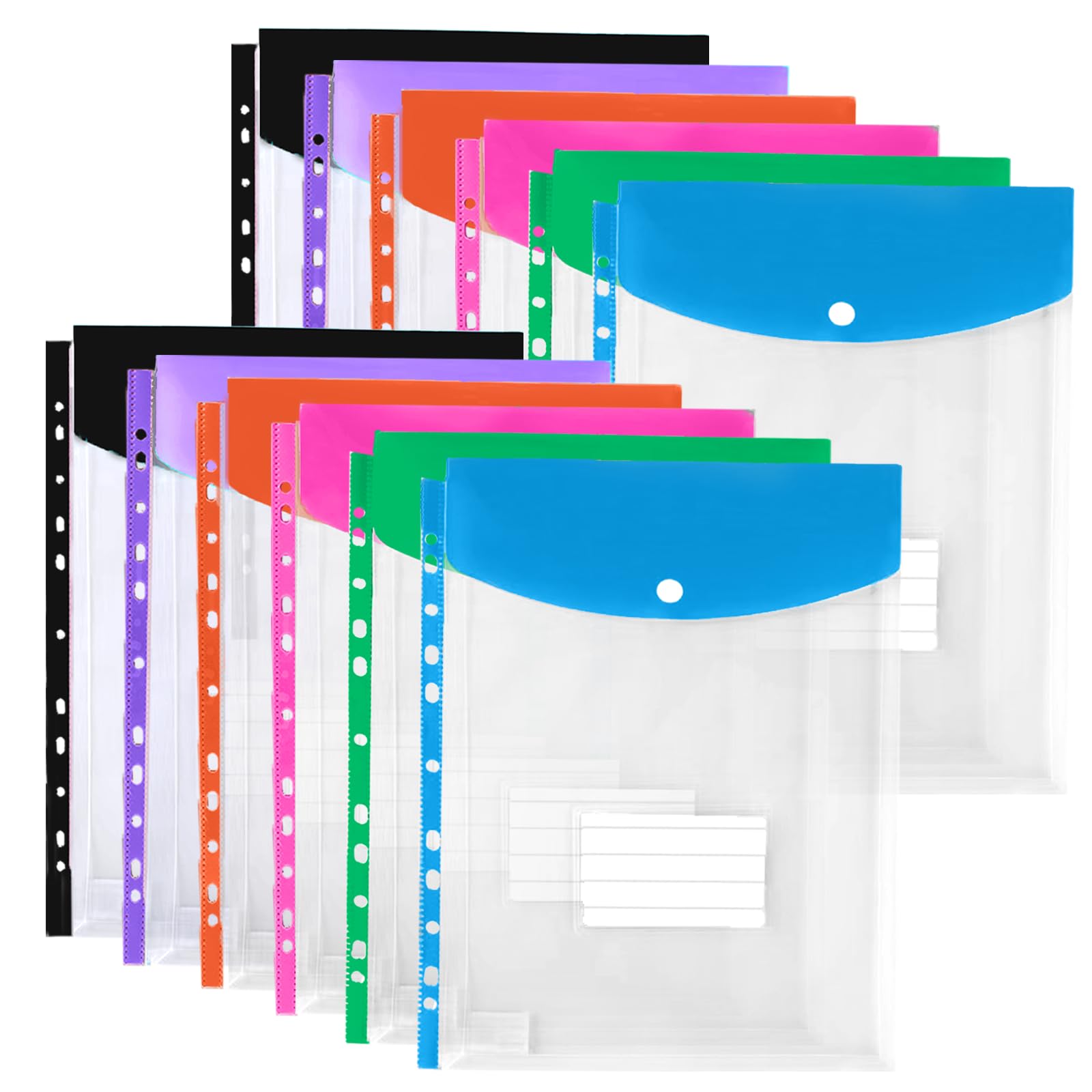 Photo 1 of 12 Pack Binder Pockets for 2/3/4 Ring Binder, Binder Folders with Snap Button and Label, Expandable Plastic Envelopes Binder Organizer Folders with 11 Holes for School Office Home