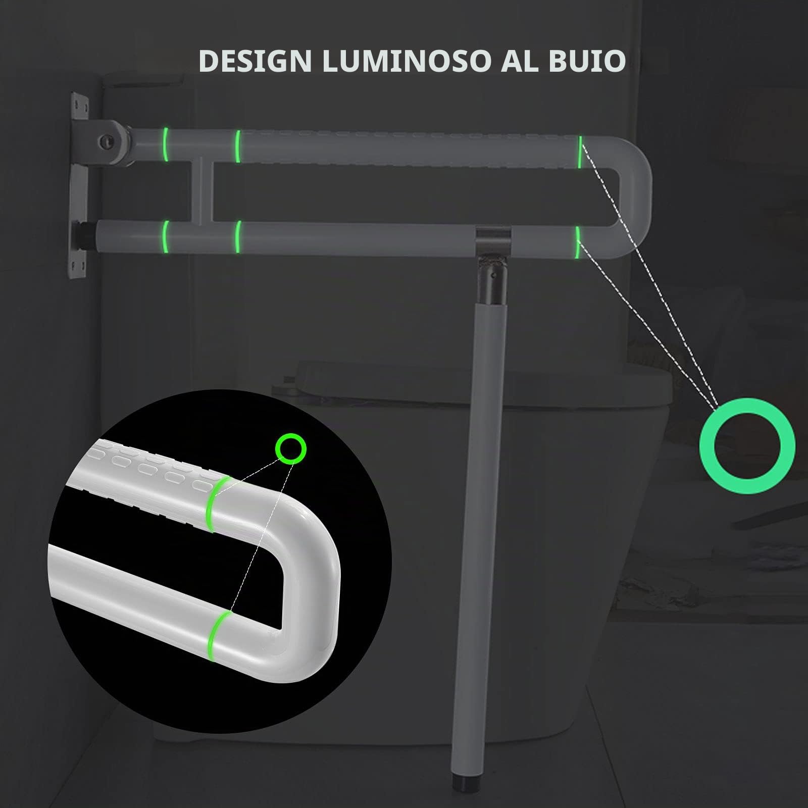 Maniglione Ribaltabile Bagno Wc,Corrimani Antiscivolo,Maniglia Di Supporto Pieghevole Per Bagno,con Gambe,Maniglione Con Un Anello Luminoso,rotazione Orizzontale Di 180° O Verticale Di 90°