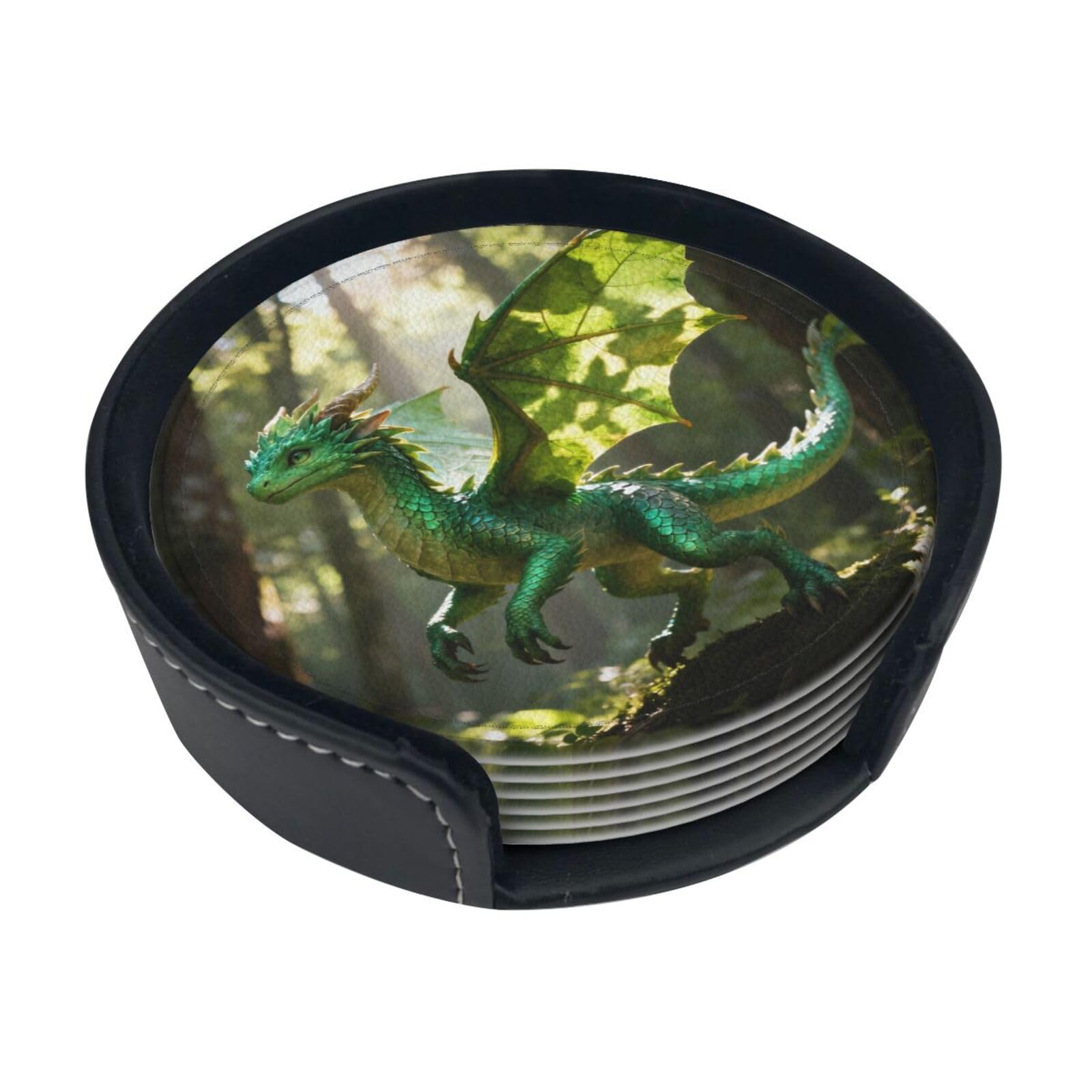 Cute dragon pattern Leather Coasters-Set of 6 with Storage Holder