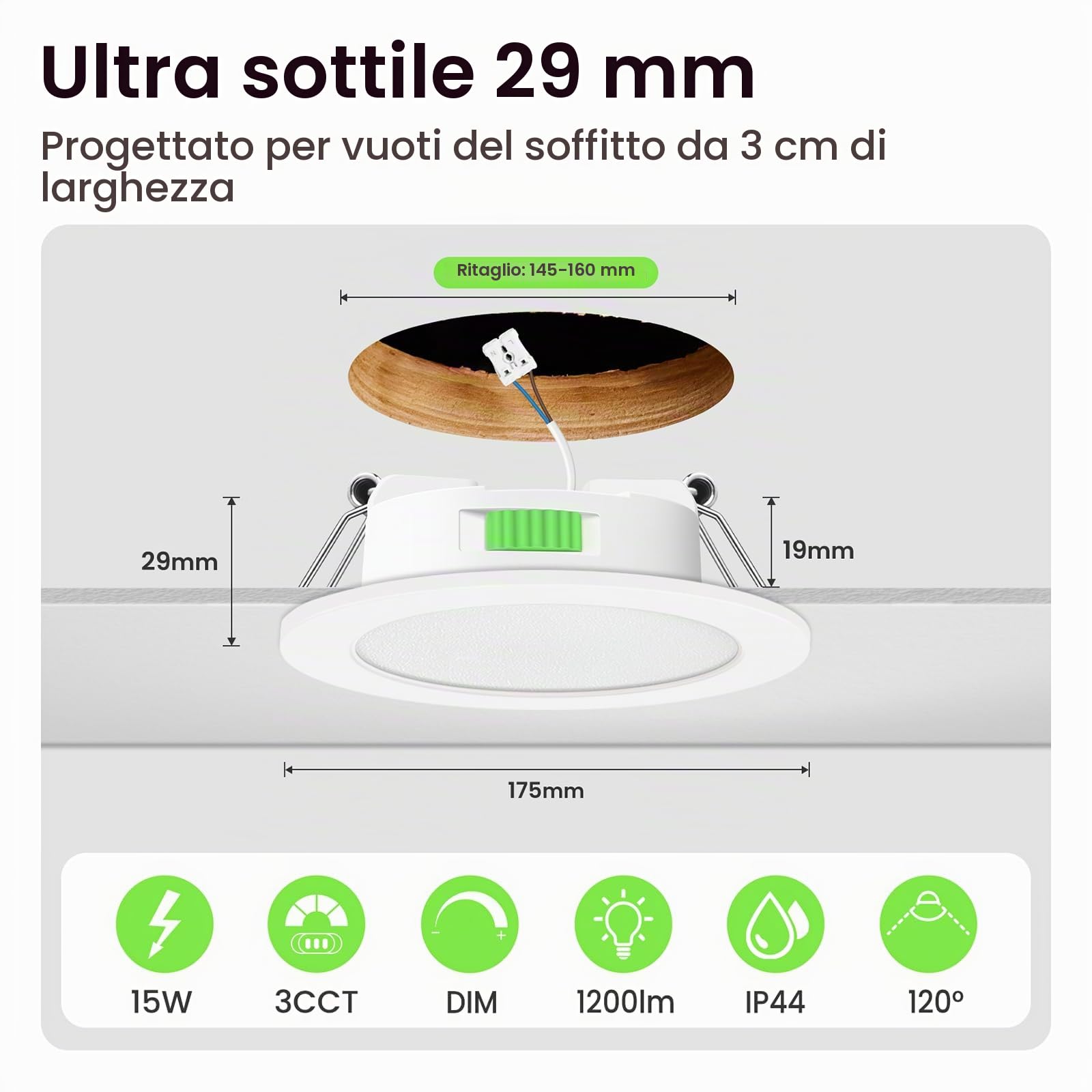 ALUSSO LIGHTING Faretti LED da Incasso per Cartongesso,15W 1250LM 230V Luci da Soffitto Interno,Foro Incasso Ø140-160mm,3CCT 3000K 4000K 6500K Faretto led incasso IP44 per Cucina,Bagno,Set di 6,Bianc
