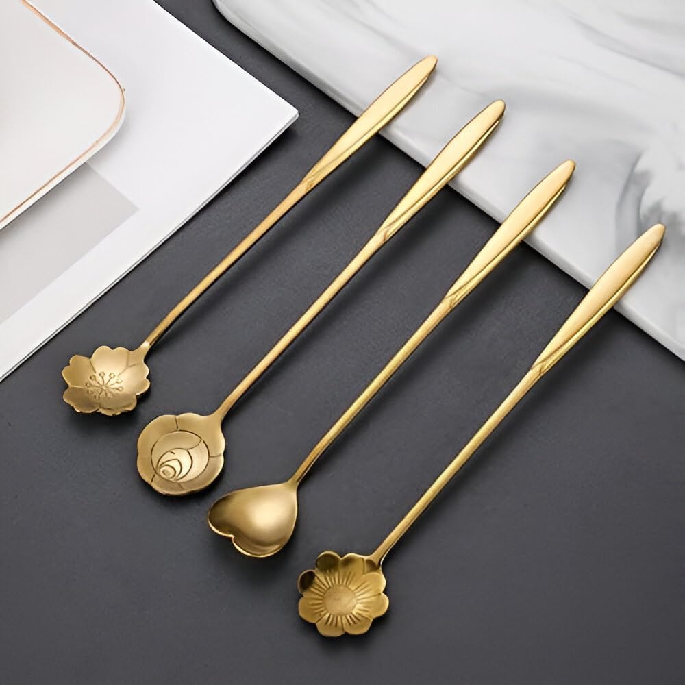 4 Pcs Gold Tone Dessert Spoon Set with Decorative Flower and Heart Shaped Spoon Heads-picture-25