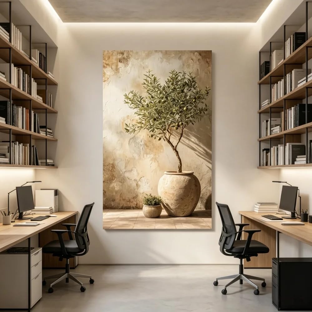 SDVIB Rustic Olive Tree in Stone Pot Canvas Painting Neutral Mediterranean Wall Art Vintage Botanical Poster Print Decor(80x160cm/ Frameless)