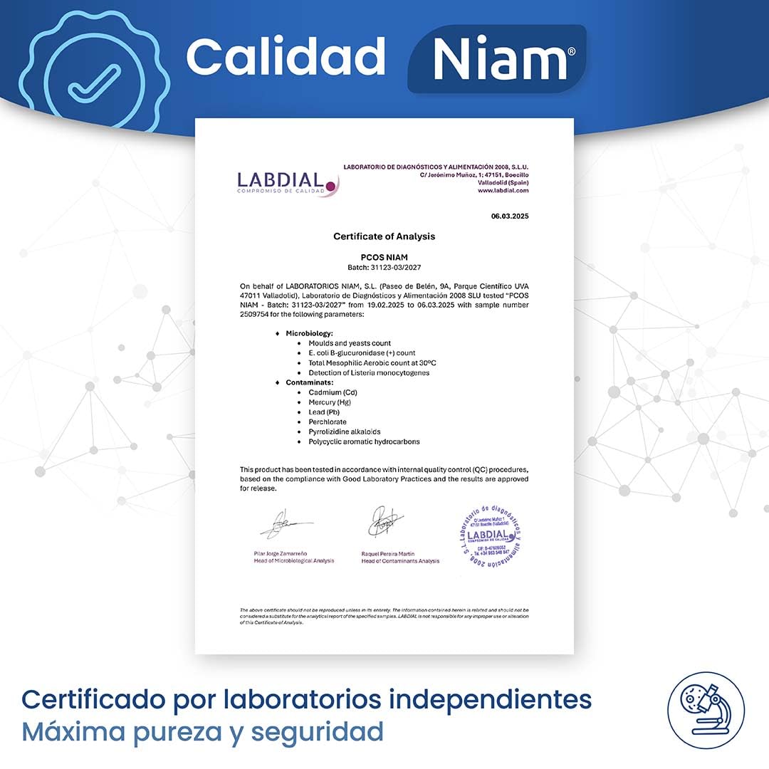 [60 cáps] PCOS NIAM | Para 2 meses | D-Chiro Inositol SOP | Con Ácido Fólico, Biotina, Vitamina B12, B6 y D3 | Suplemento Ovarios Poliquísticos | Regulación Hormonal | Ácido fólico, biotina y vitaminas B6, B12 y D3 | Suplemento Ovarios Poliquísticos | 60