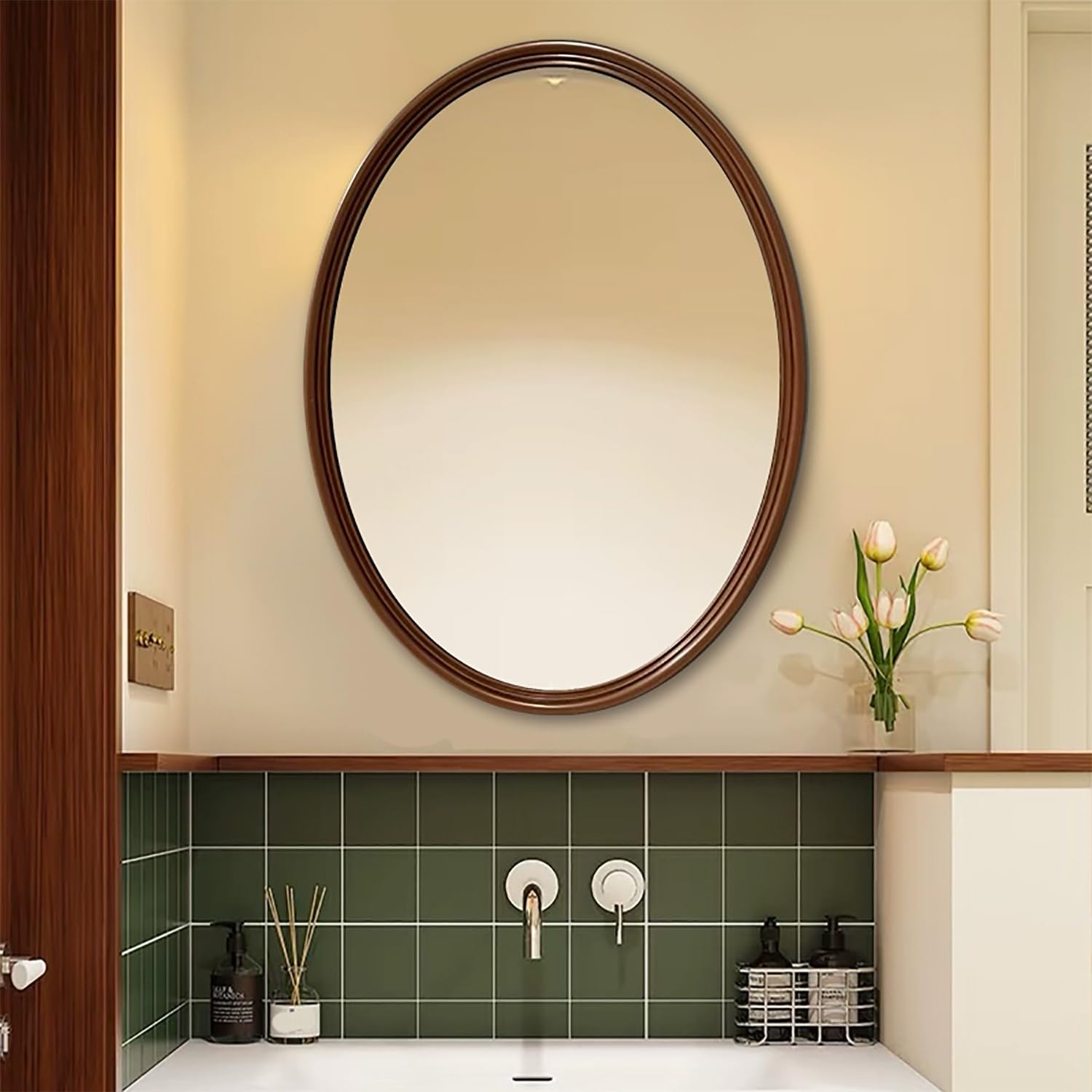 FGXHHS Dimmable Oval Antique French Vanity Mirror with Elegant Vintage Frame, Baroque Inspired for Bathroom, Entryway, and Living Room