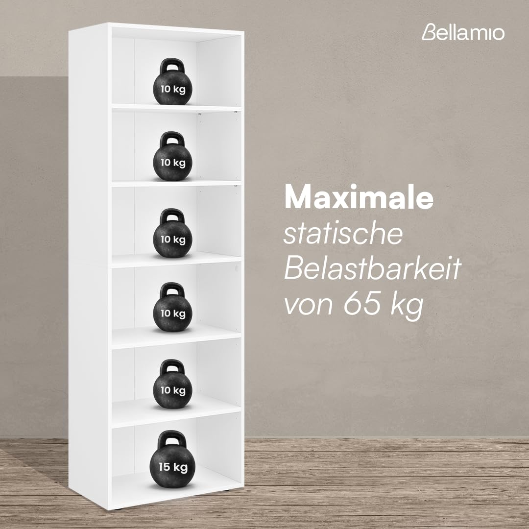 Bellamio Apol Bücherregal mit 6 Fächern - Standregal Weiß - offenes Holzregal - stabiles Regal für Wohnzimmer, Büro & Arbeitszimmer - höhenverstellbares Aktenregal 176x60x33cm