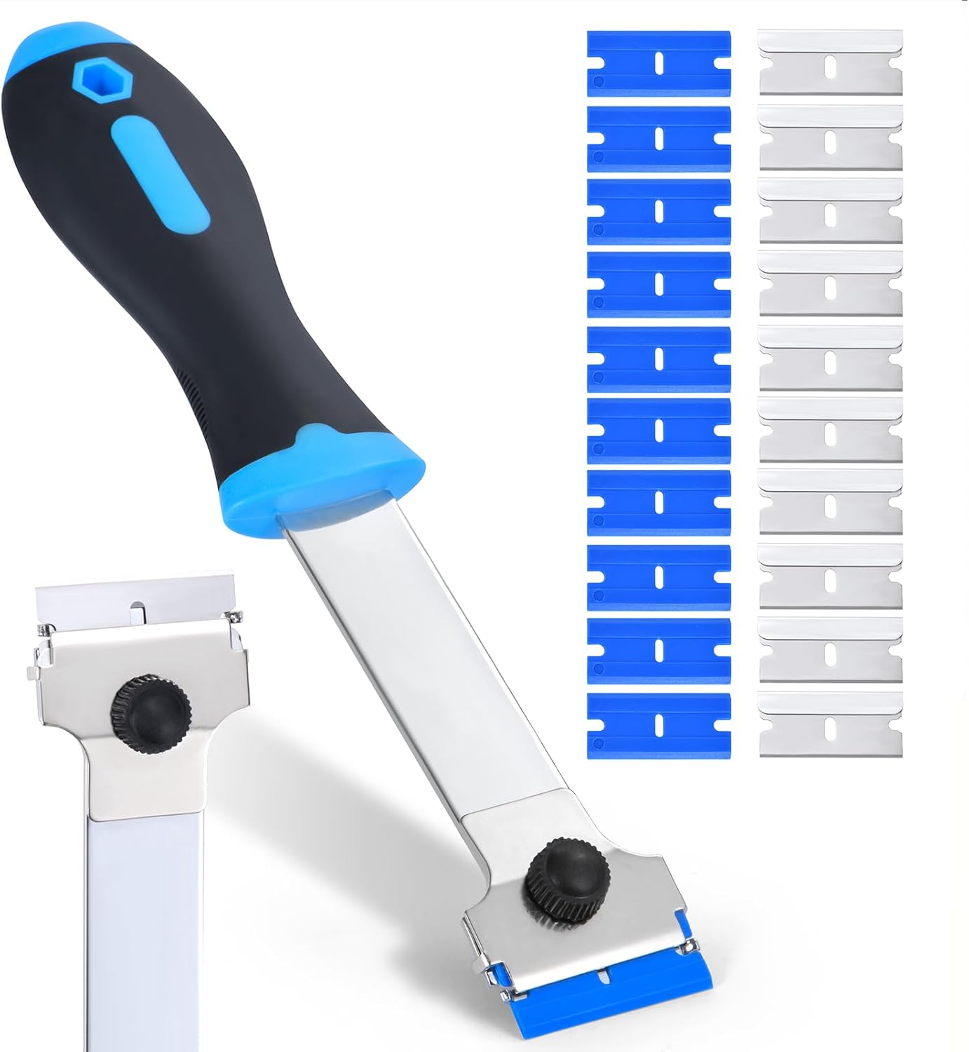 Razor Blade Scraper Tool with 20 Extra Replacement Blades (Metal & Plastic), Long Handle Scraper Tool for Cleaning Cooktop, Tile, Paint, Window Glass Scraper