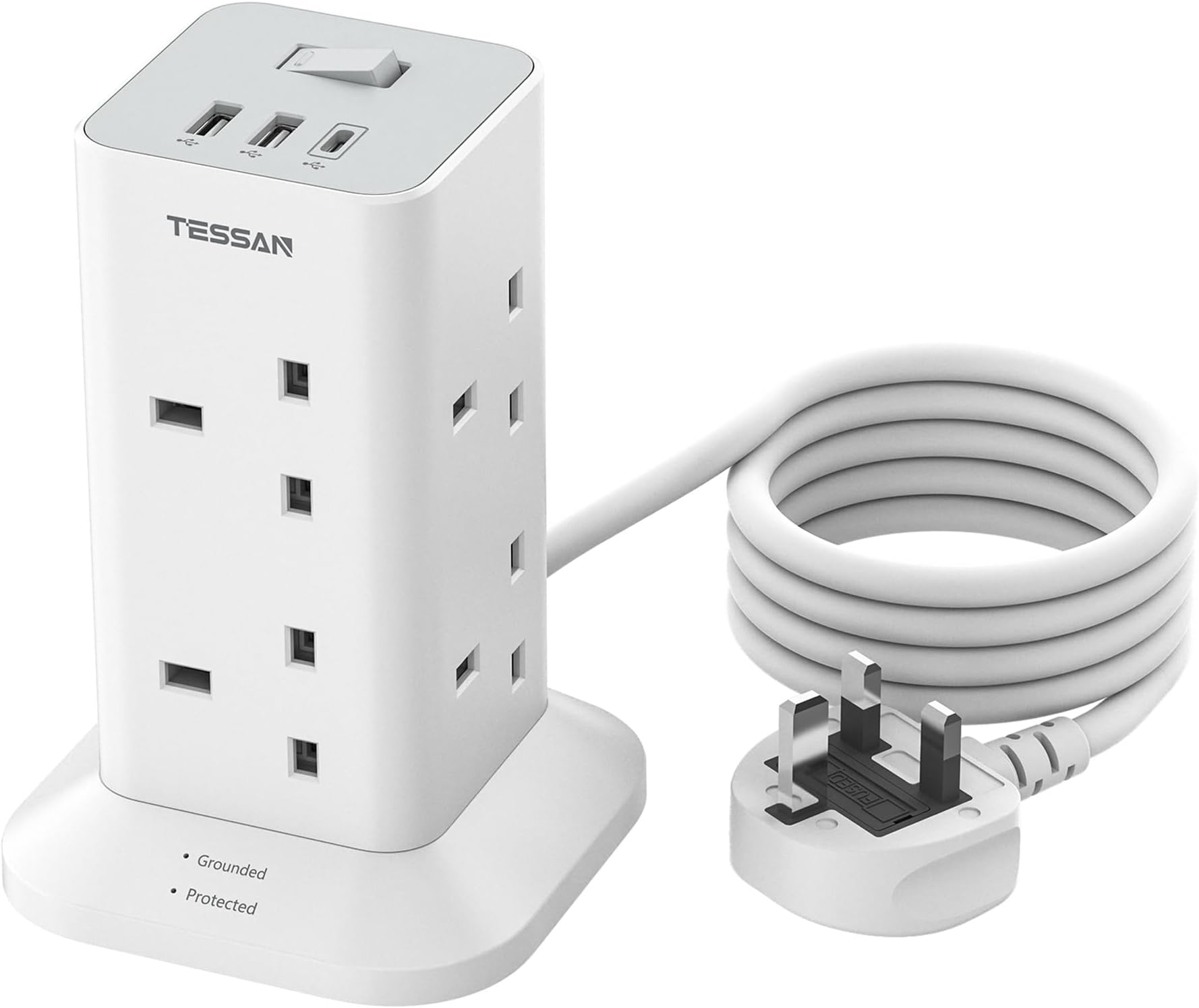 Tower Extension Lead with USB C Slots, TESSAN 8 Way Multi Plug Extension Socket 2M Cable, Surge Protected Power Strip with Switch, MultiPlug Adaptor for Home, School Supplies