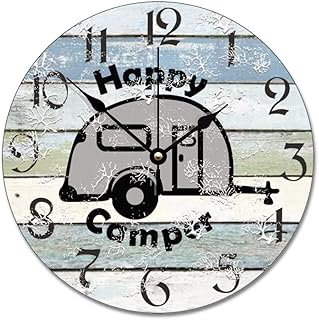 Happy Camper Clock Summer Camping Wall Clock Personalized Silent Non Ticking Wooden Wall Clock Battery Operated Esay Read for Home Decor Kids Room Office Housewarming Gift
