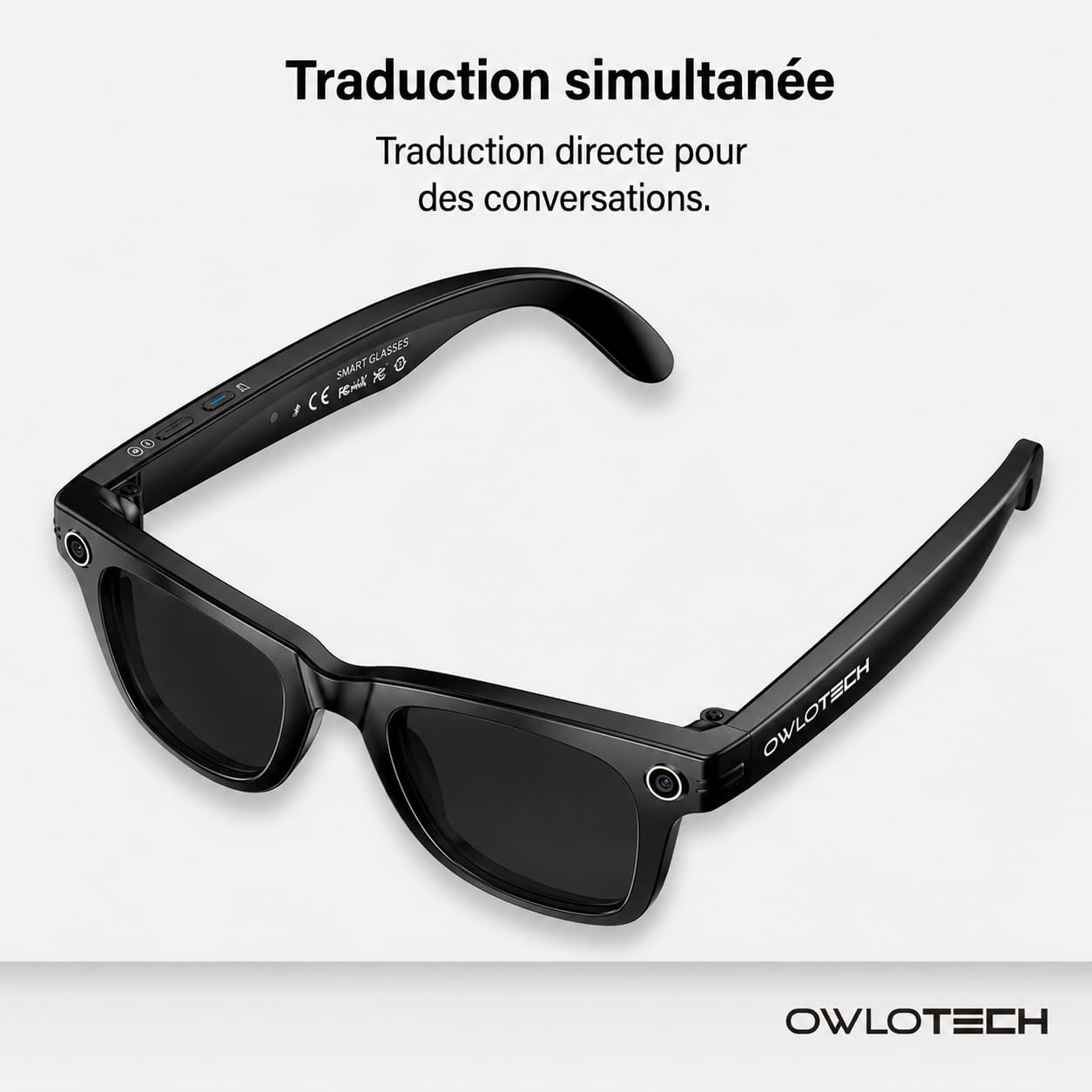 Lens AI Lunettes intelligentes avec appareil photo 32 Mpx, 32 Go, WiFi et Bluetooth, traduction en temps réel, contrôle vocal et tactile, IP65 (verre photochromique)