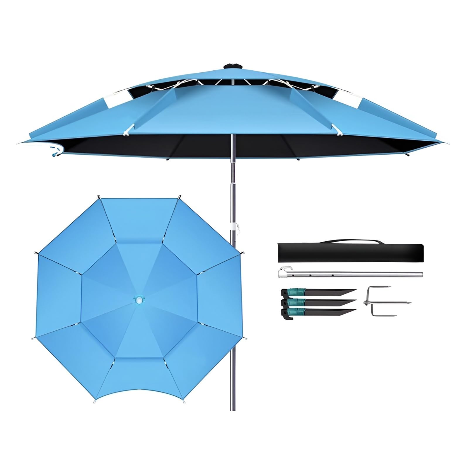 Ombrellone da Spiaggia Antivento, Ombrello Mare Portatile Protezione UV, con Ancoraggio a Sabbia, Regolazione a 360° per Patio, Giardino, Pesca all'aperto